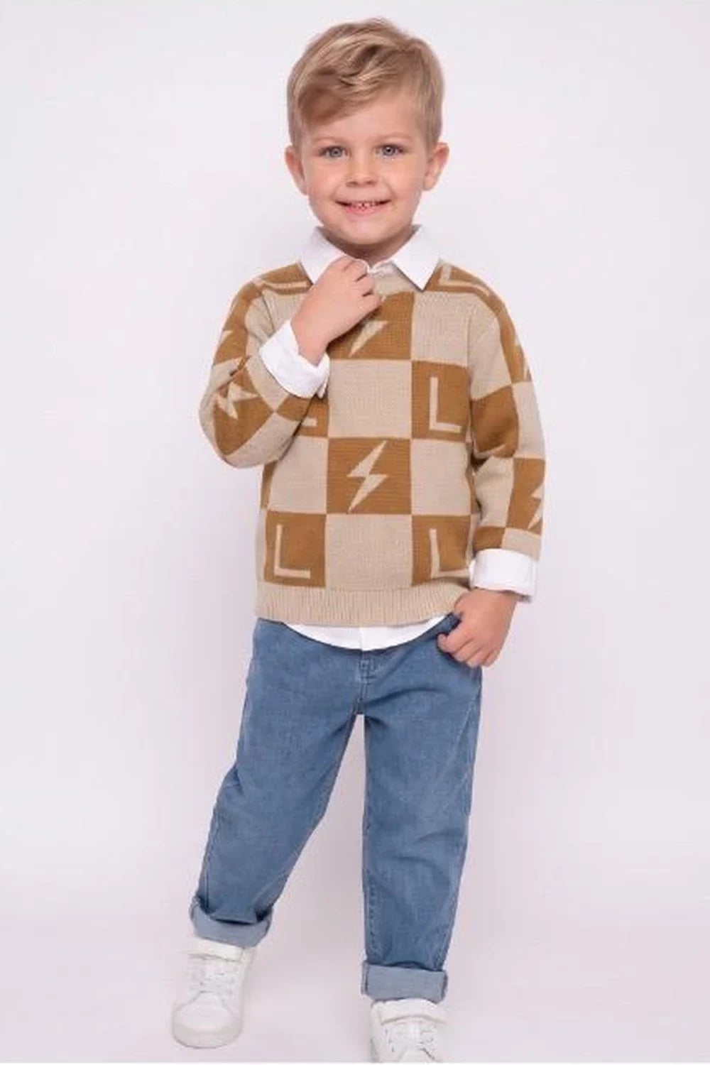 Boys' Knitted Sweater Set with Checkered Pattern - Beige - Has Bereket - by Peralane
