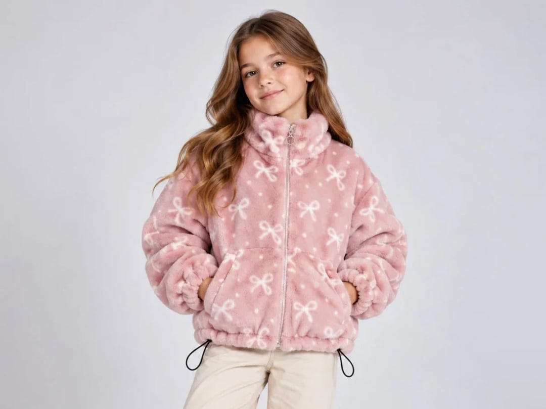 Pink Bow Detail Girls' Plush Jacket - ÖZ Bebe - by Peralane