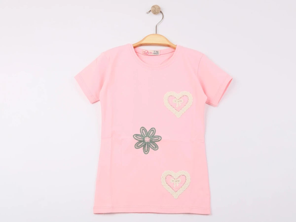 Girls' Appliqué Heart T-Shirt - Pink (Pack of 4) - Elsa - by Peralane