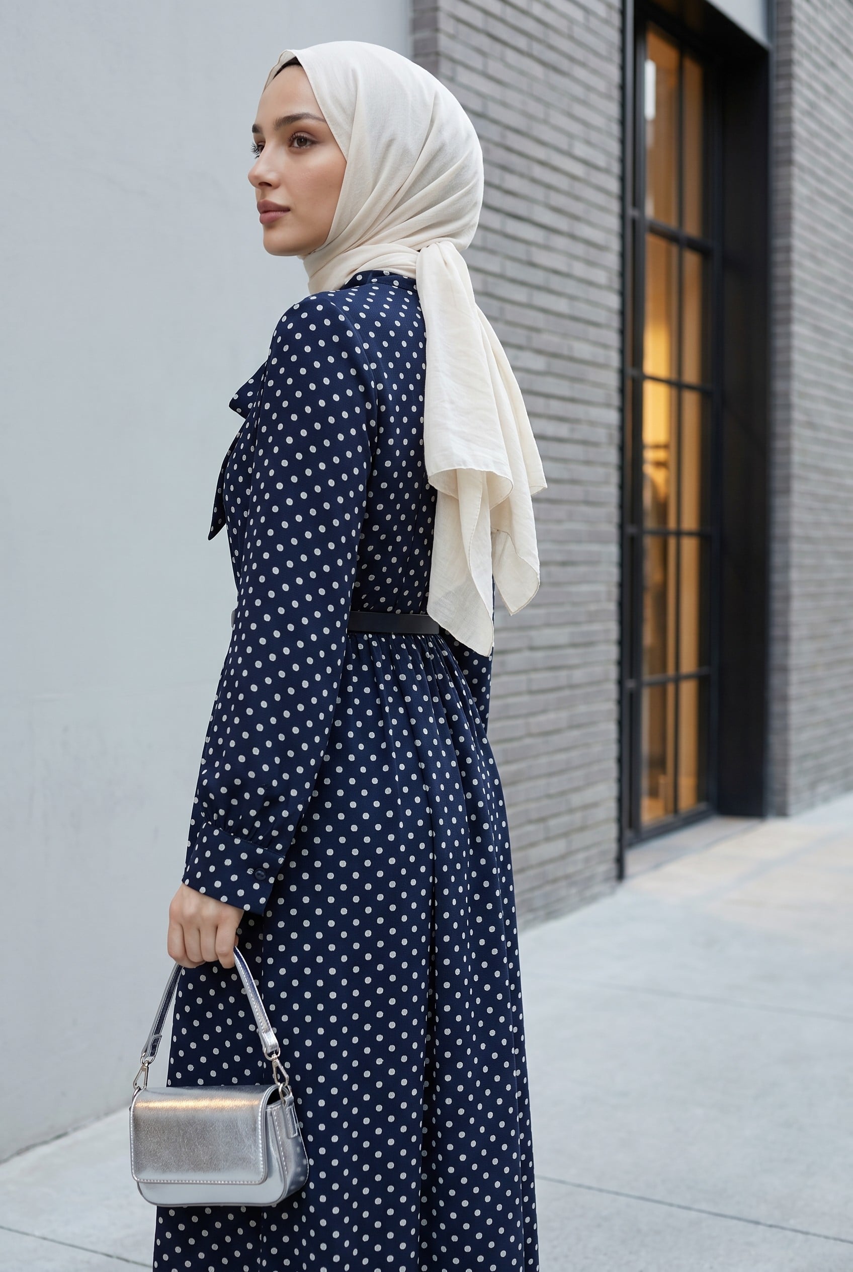 Navy Blue Polka Dot Viscose Dress with Tie Neck and Belted Waist - Podyumplus - by Peralane - photo 9