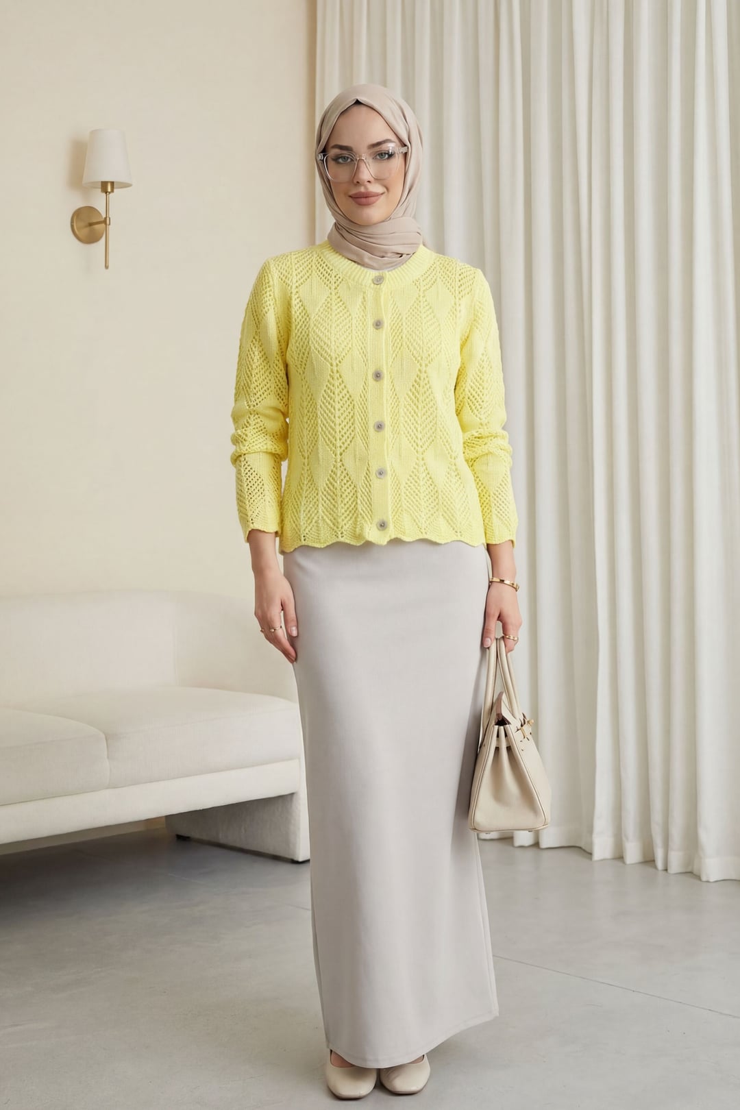 Leaf Pattern Crochet Knit Cardigan - Yellow - Podyumplus - by Peralane - photo 3
