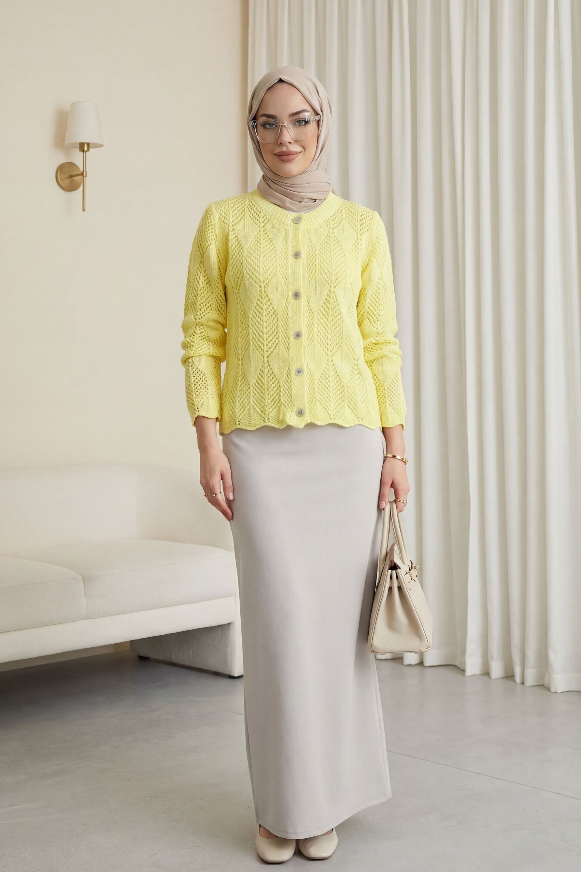 Leaf Pattern Crochet Knit Cardigan - Yellow - Podyumplus - by Peralane - photo 3