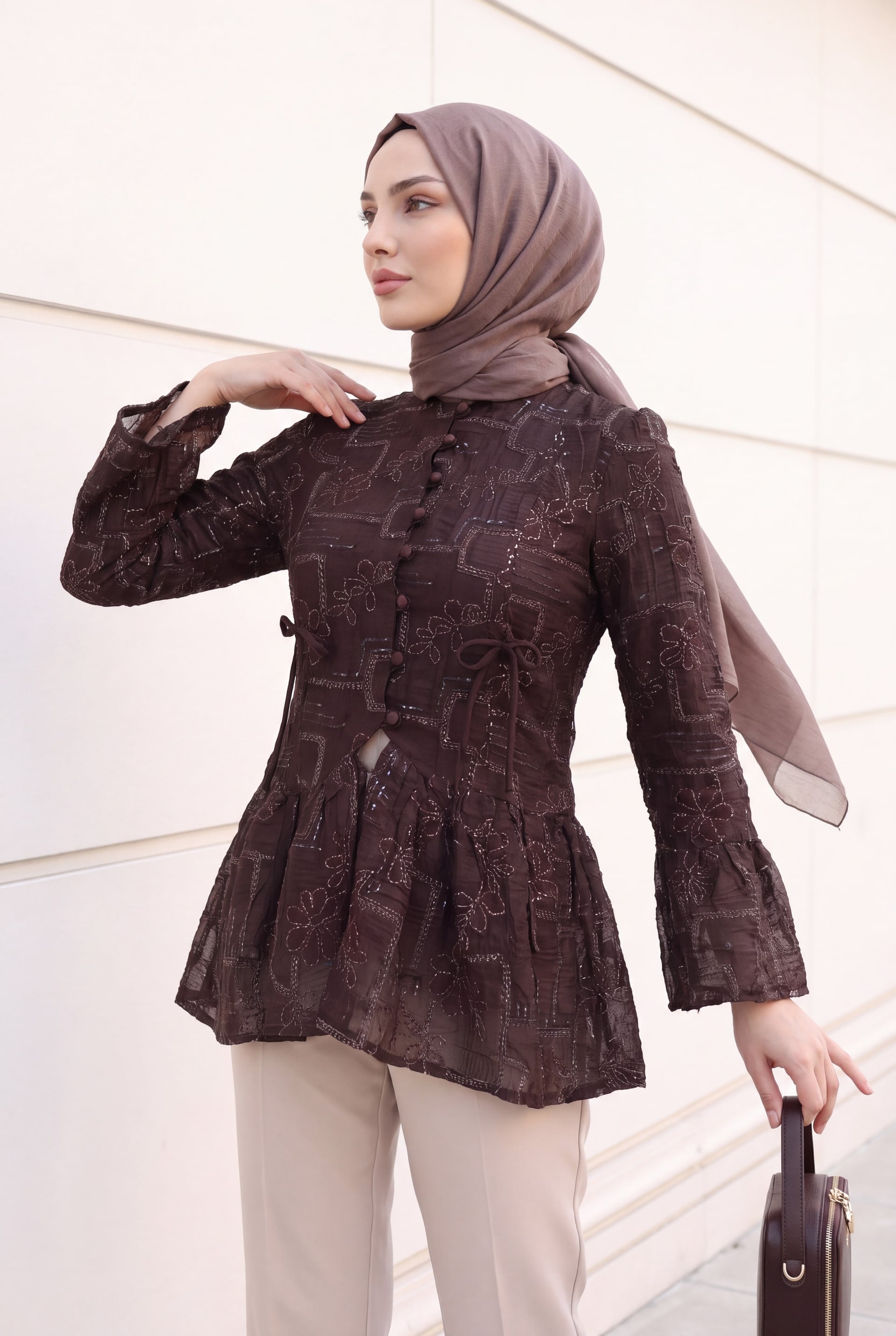 Dark Purple High Neck Button Front Lined Frilled Poliviscose Tunic - Podyumplus - by Peralane - photo 4