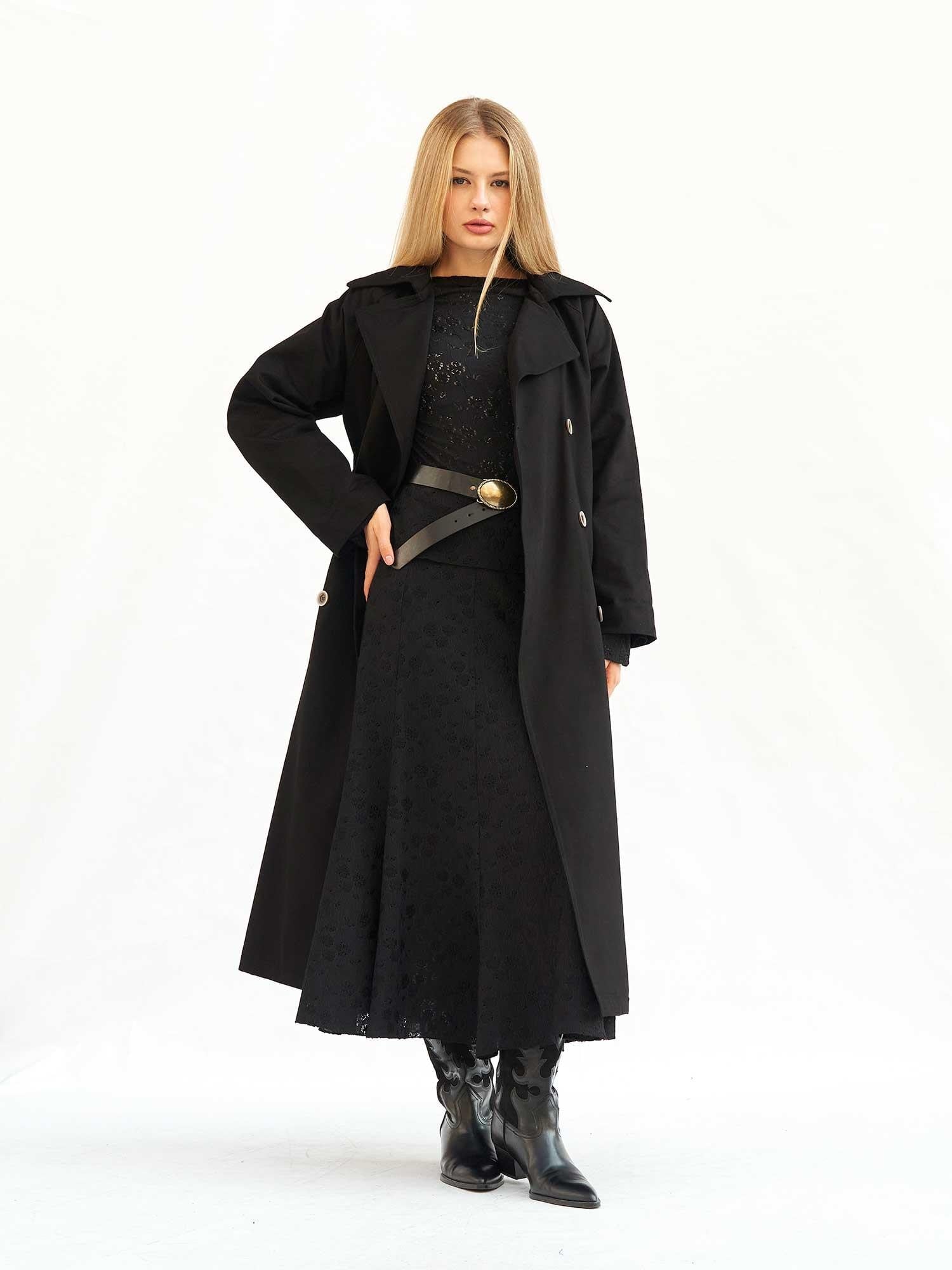 Belted Double-Breasted Long Trench Coat in Black for Women - Lefon - by Peralane - photo 2