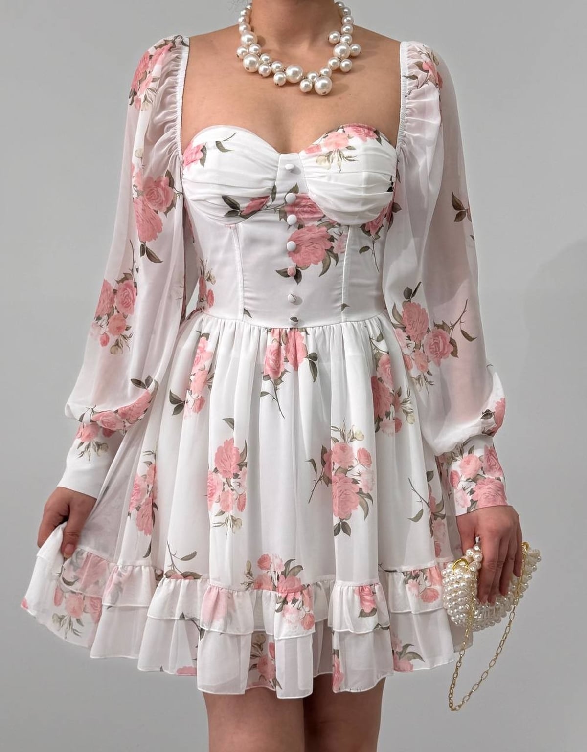 Women's White Floral Print Mini Dress with Sheer Puff Sleeves - Etika - by Peralane