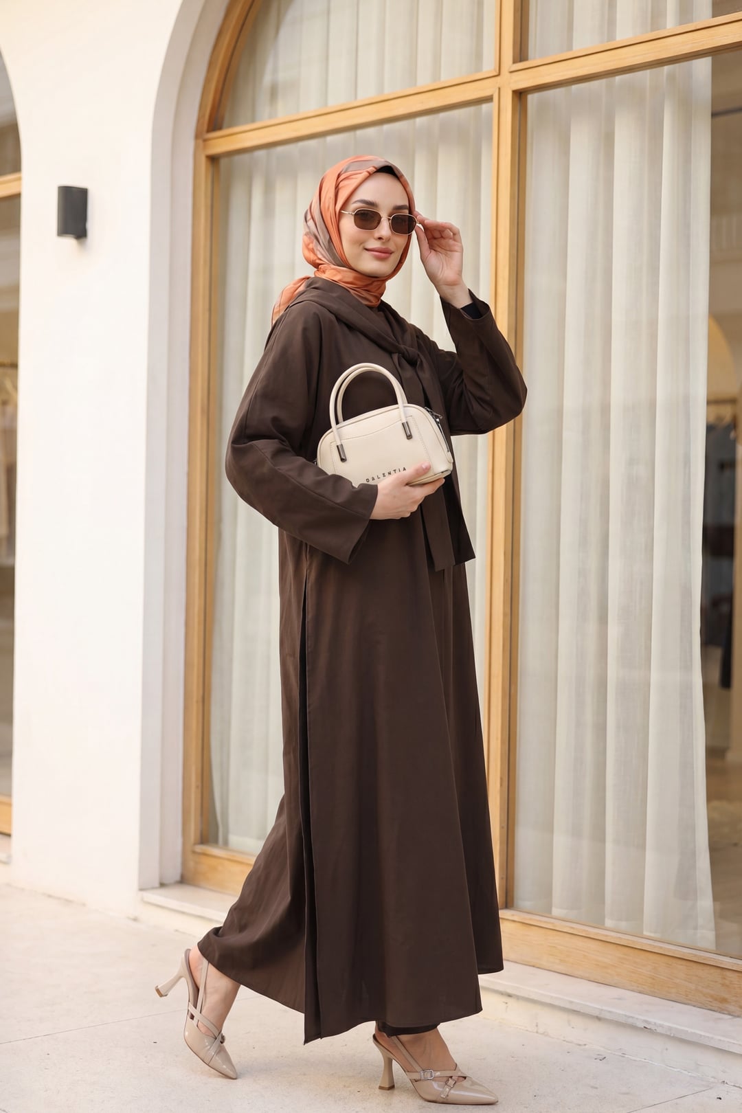 Brown Modal Two-Piece Set with Scarf Detail and Deep Slit Pants - Podyumplus - by Peralane - photo 2