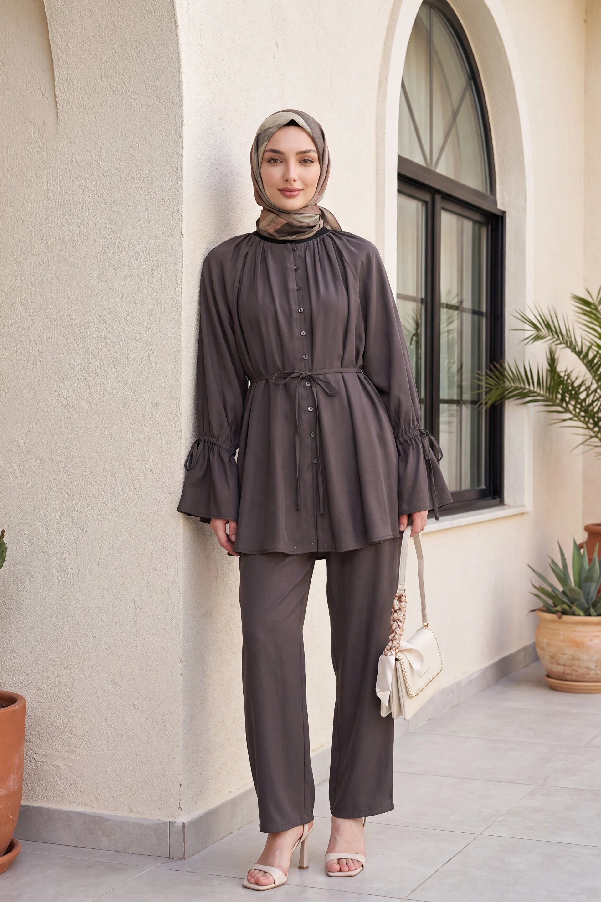 Gathered Neckline Tie Waist and Cuff Two-Piece Set - Brown - Podyumplus - by Peralane - photo 4