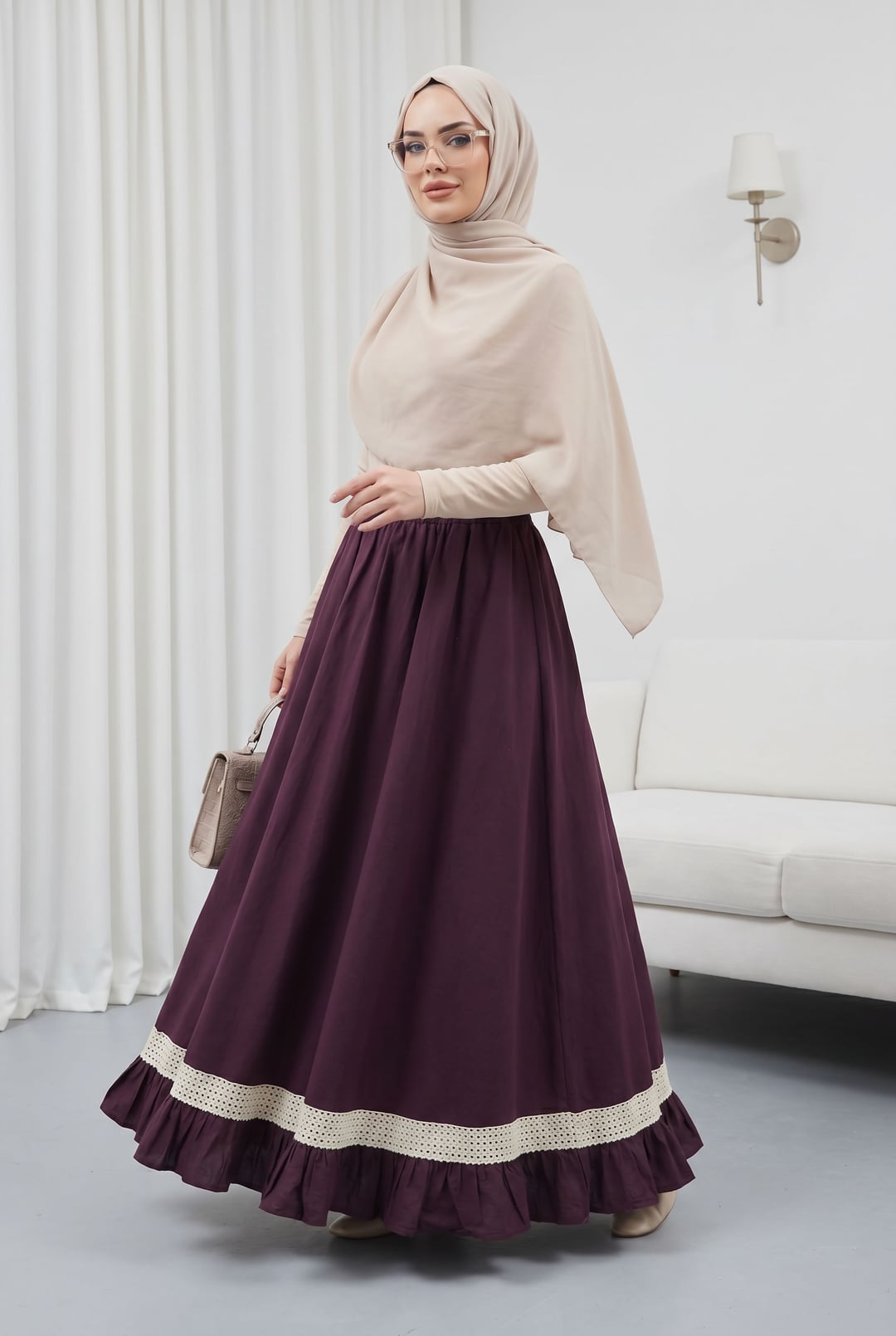 Elasticated Waist Voile Skirt with Lace Detail and Ruffle Trim - Plum - Podyumplus - by Peralane - photo 3