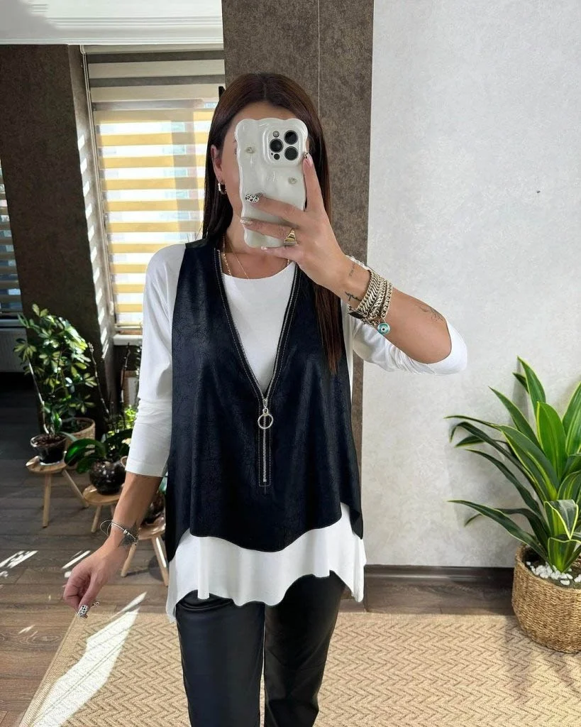Women's Long Sleeve Asymmetric Cut Viscose Blouse and Cracked Leather Look Vest Two-Piece Set - Janes - by Peralane - photo 2
