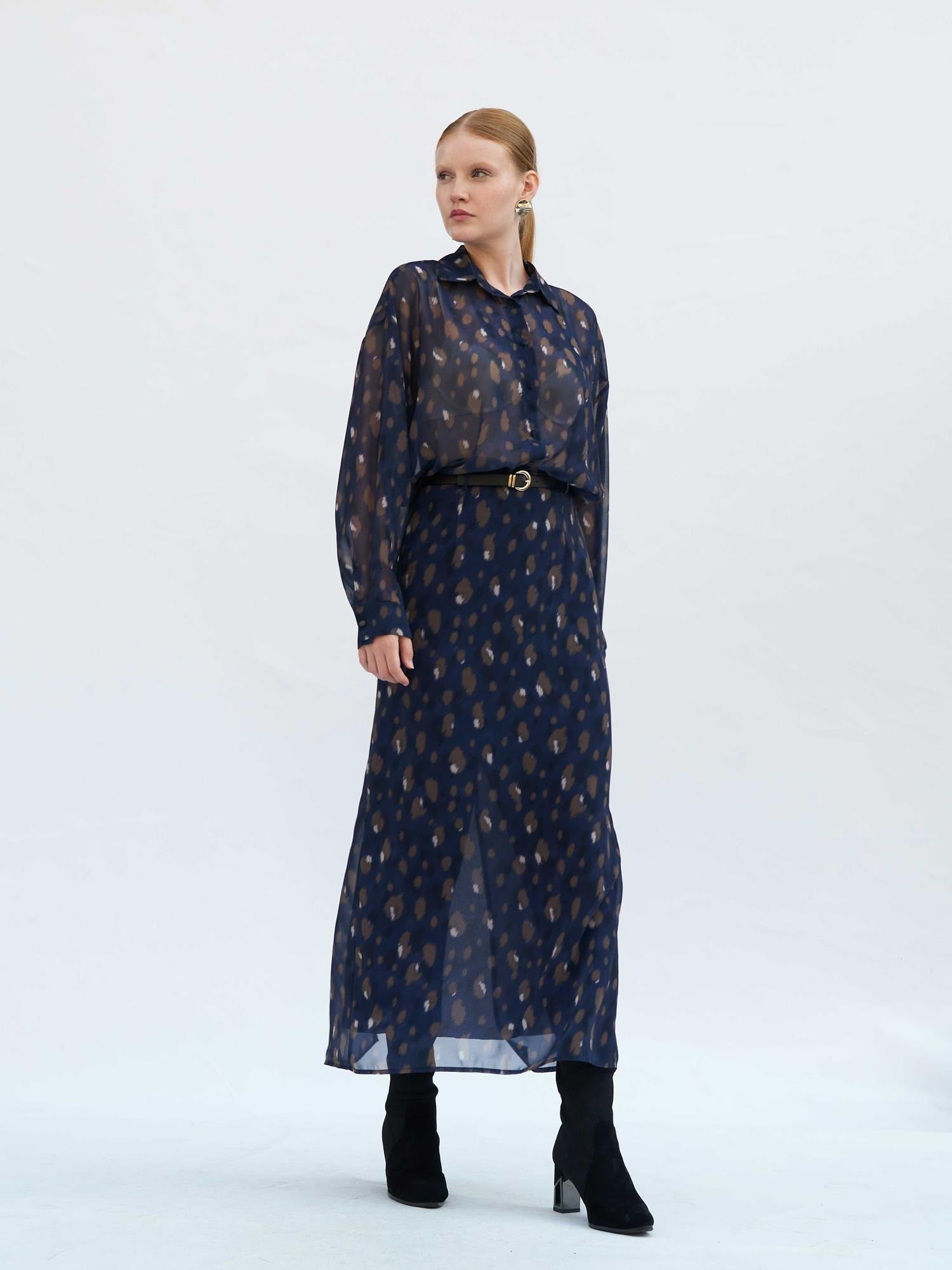 Navy Blue Abstract Print Maxi Skirt with Belt - Lefon - by Peralane - photo 5