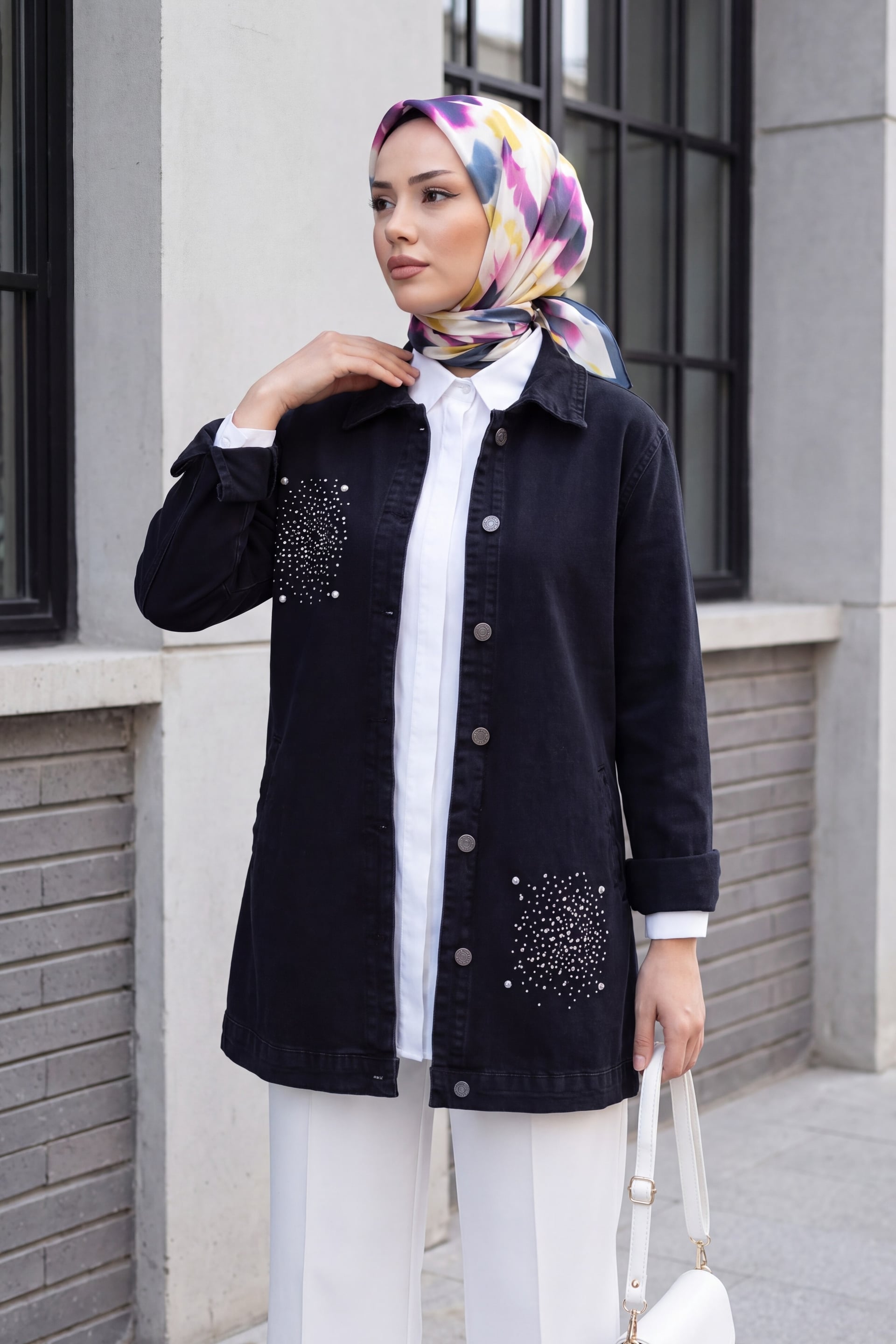 Women's Stone-Detailed Denim Jacket - Black - Podyumplus - by Peralane