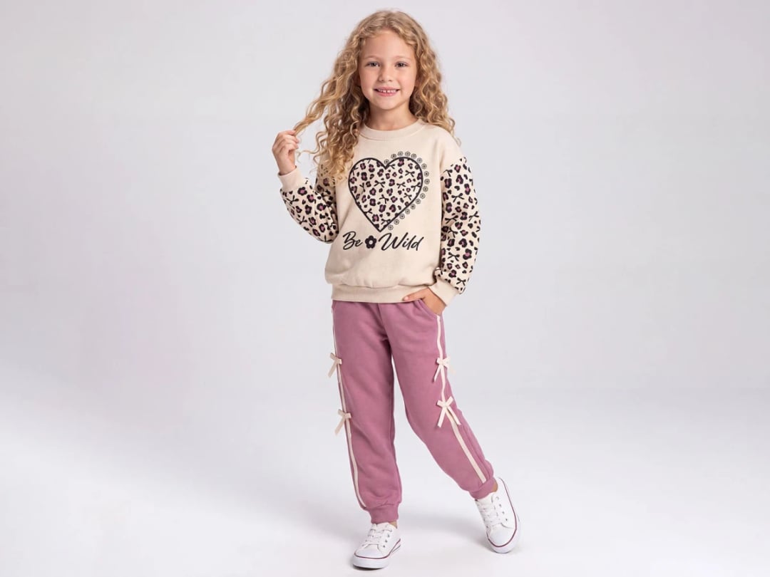 Heart Print Bow Detail 3-Thread Brushed Girls' Set - Feely Kids - by Peralane