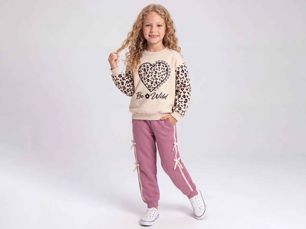 Heart Print Bow Detail 3-Thread Brushed Girls' Set - Feely Kids - by Peralane