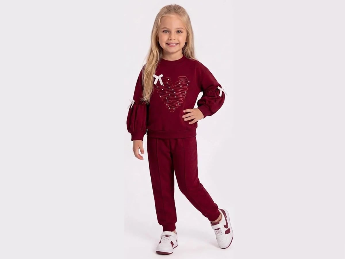 Heart Embroidery Girls' Sweatshirt and Trousers Set – Burgundy - Feely Kids - by Peralane