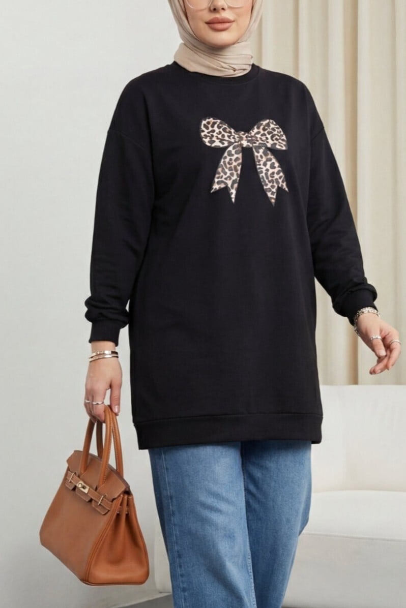 Round Neck Bow Print Loose Fit Tunic - Black - Podyumplus - by Peralane - photo 4