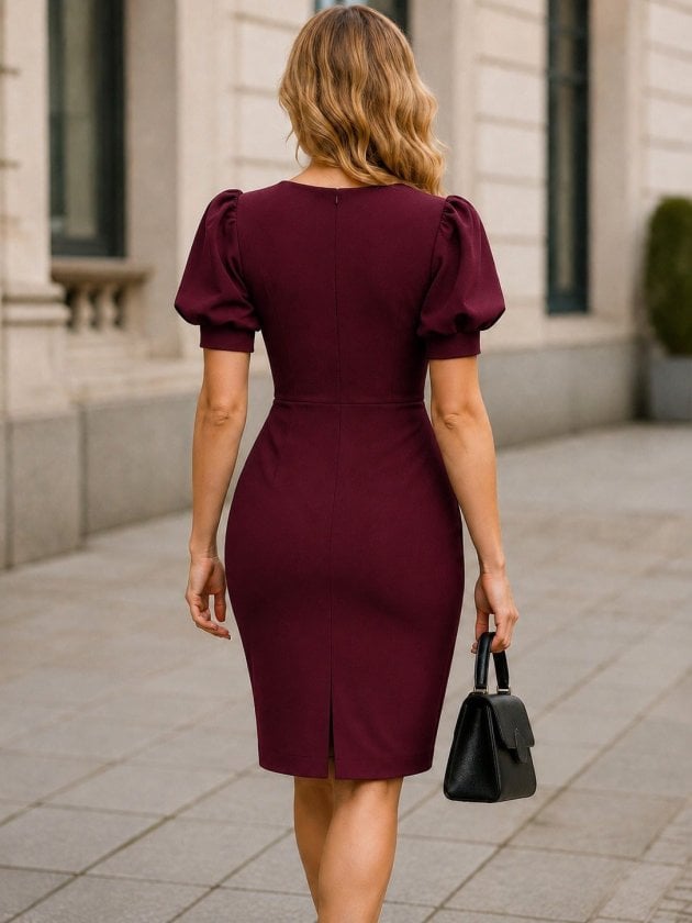 Women's Short-Sleeve Scalloped Neck Knit Dress in Burgundy - Janes - by Peralane - photo 3