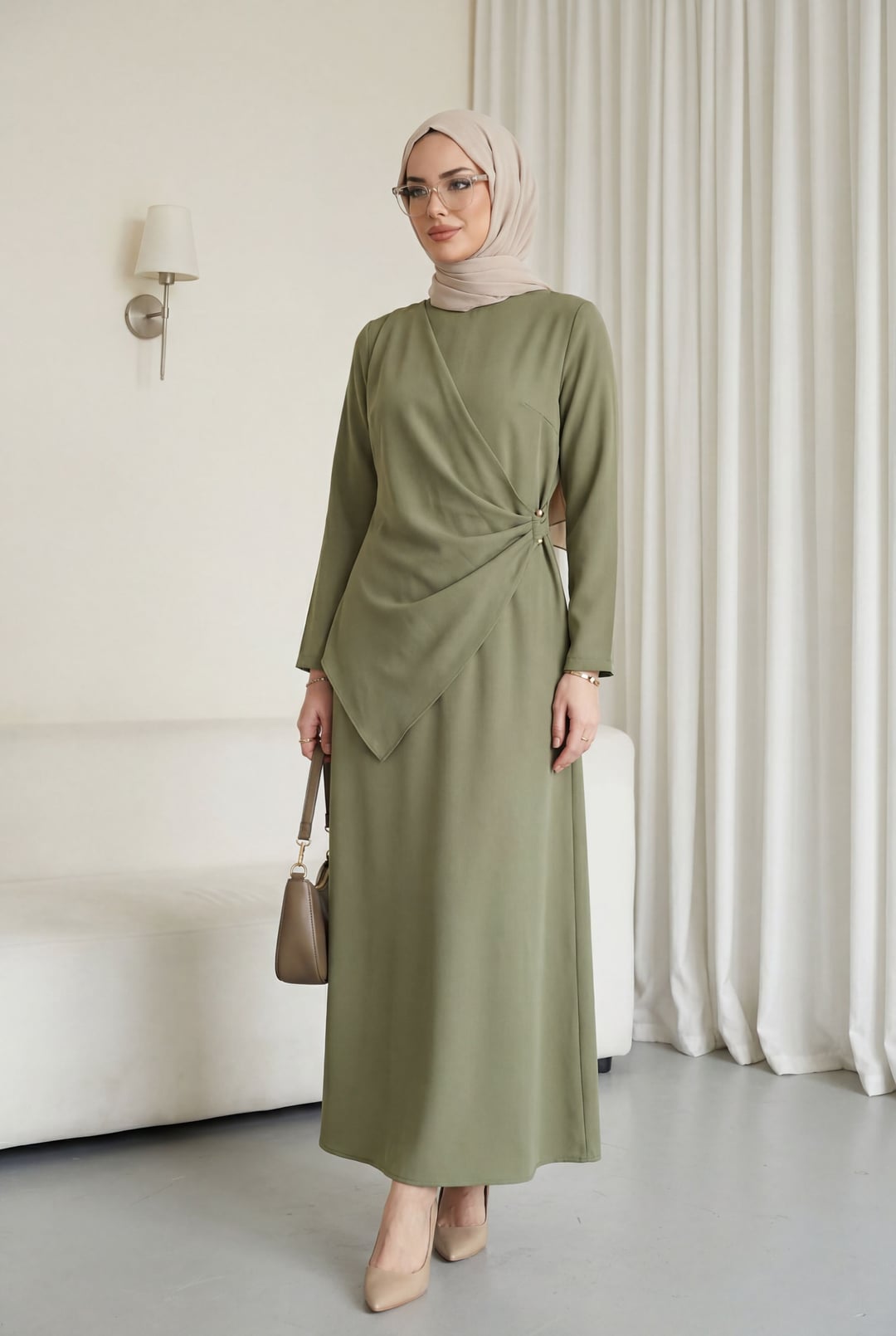 Crossover Wrap Knot Button Round Neck Imported Crepe Dress - Olive Green - Podyumplus - by Peralane - photo 2