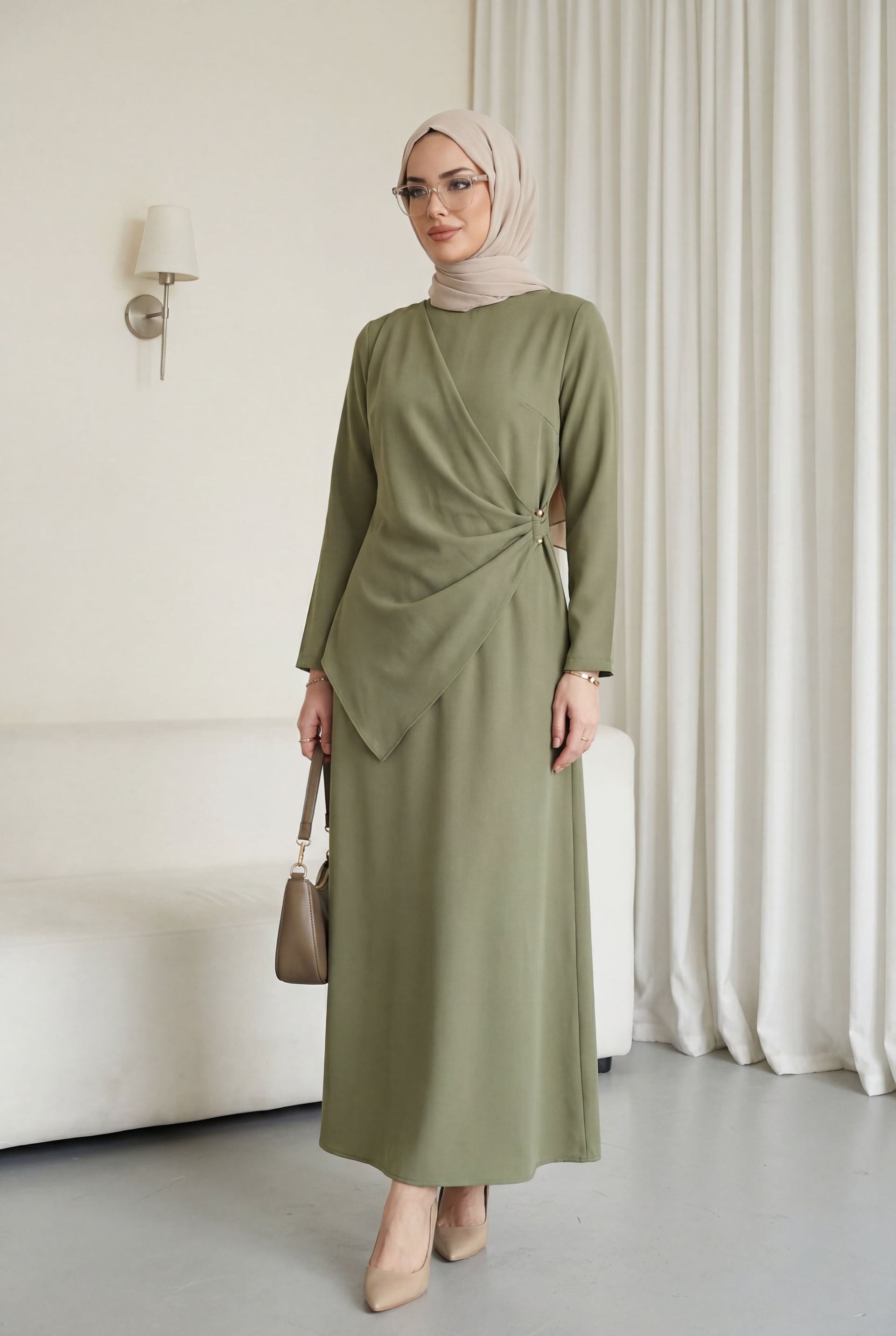 Crossover Wrap Knot Button Round Neck Imported Crepe Dress - Olive Green - Podyumplus - by Peralane - photo 2