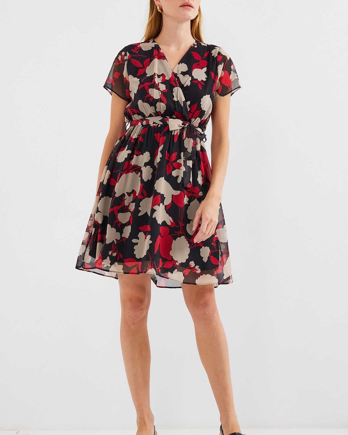 Short Sleeve Patterned Chiffon Dress - Bordeaux - Bigdart - by Peralane
