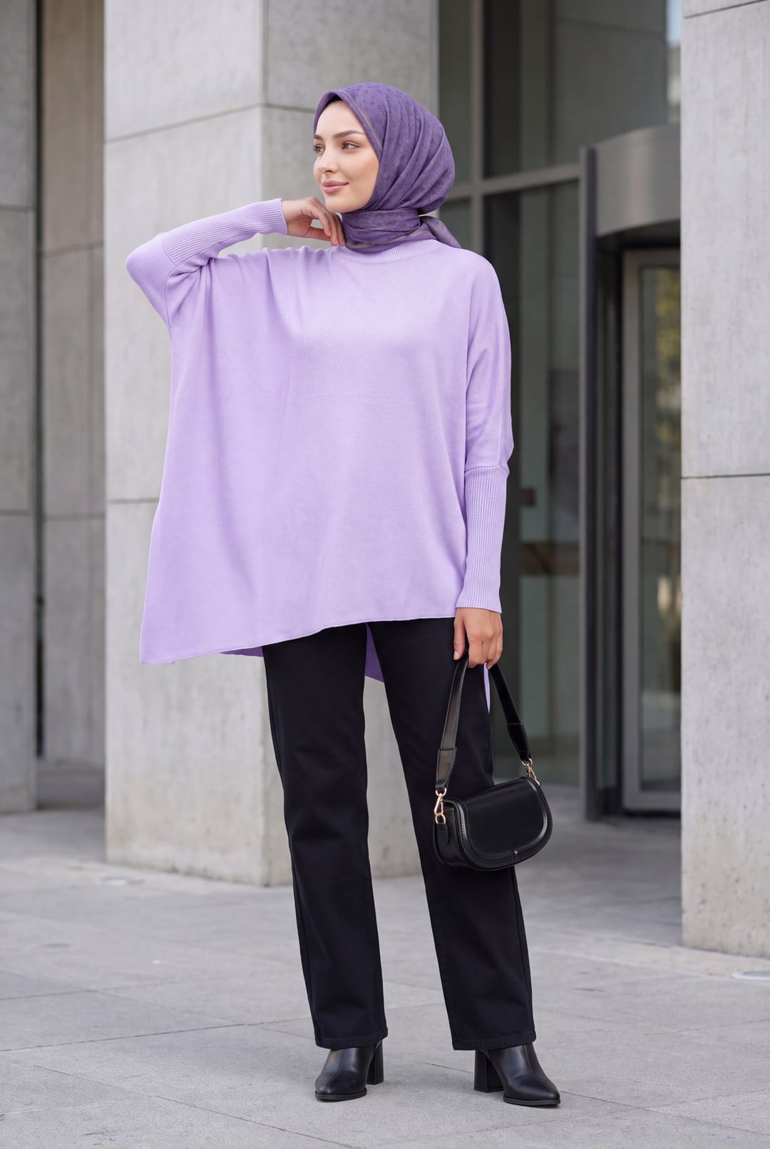 Oversize Side-Slit Poncho Knit Sweater - Lilac - Bigdart - by Peralane - photo 4