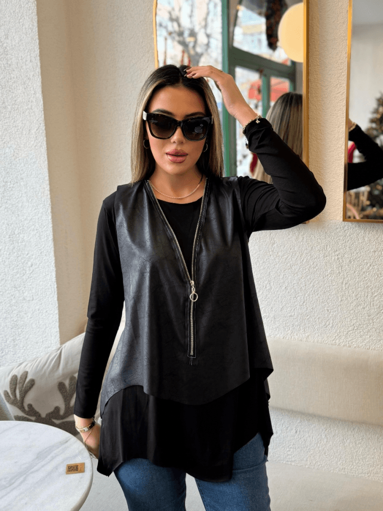 Women's Long-Sleeved Asymmetric Cut Viscose Blouse and Cracked Leather-Look Vest Two-Piece Set - Janes - by Peralane - photo 6