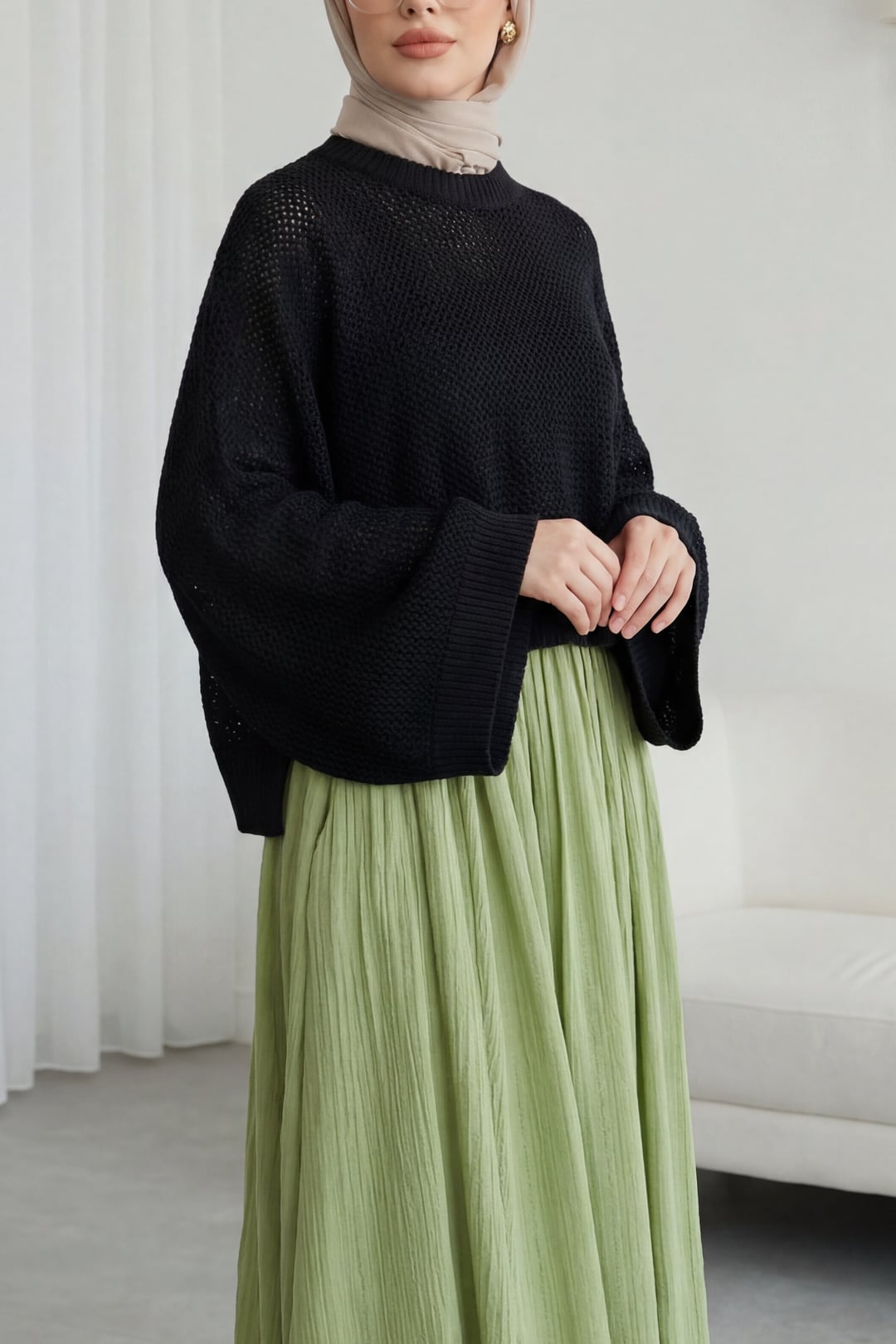 Batwing Sleeve Open-Knit Sweater - Black - Podyumplus - by Peralane