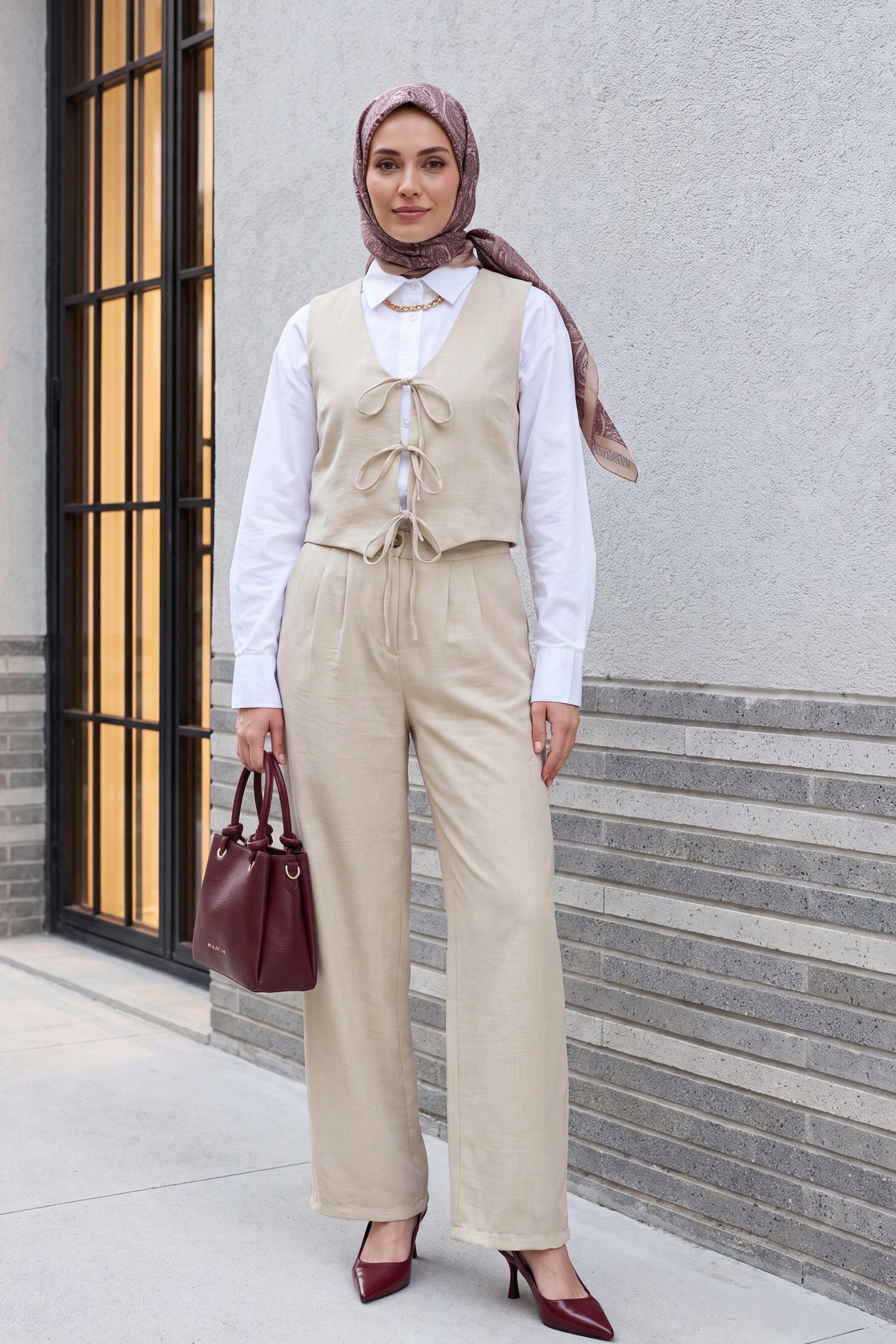 Tie-Front Vest and Wide-Leg Trousers Linen Look Co-ord Set - Stone - Podyumplus - by Peralane - photo 3