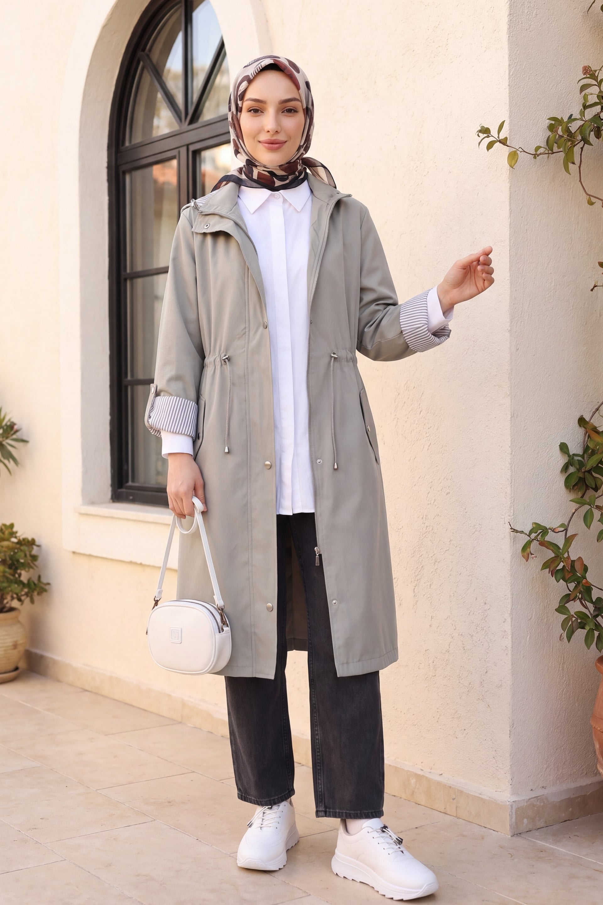 Grey Hooded Trench Coat with Striped Lining - Podyumplus - by Peralane - photo 3