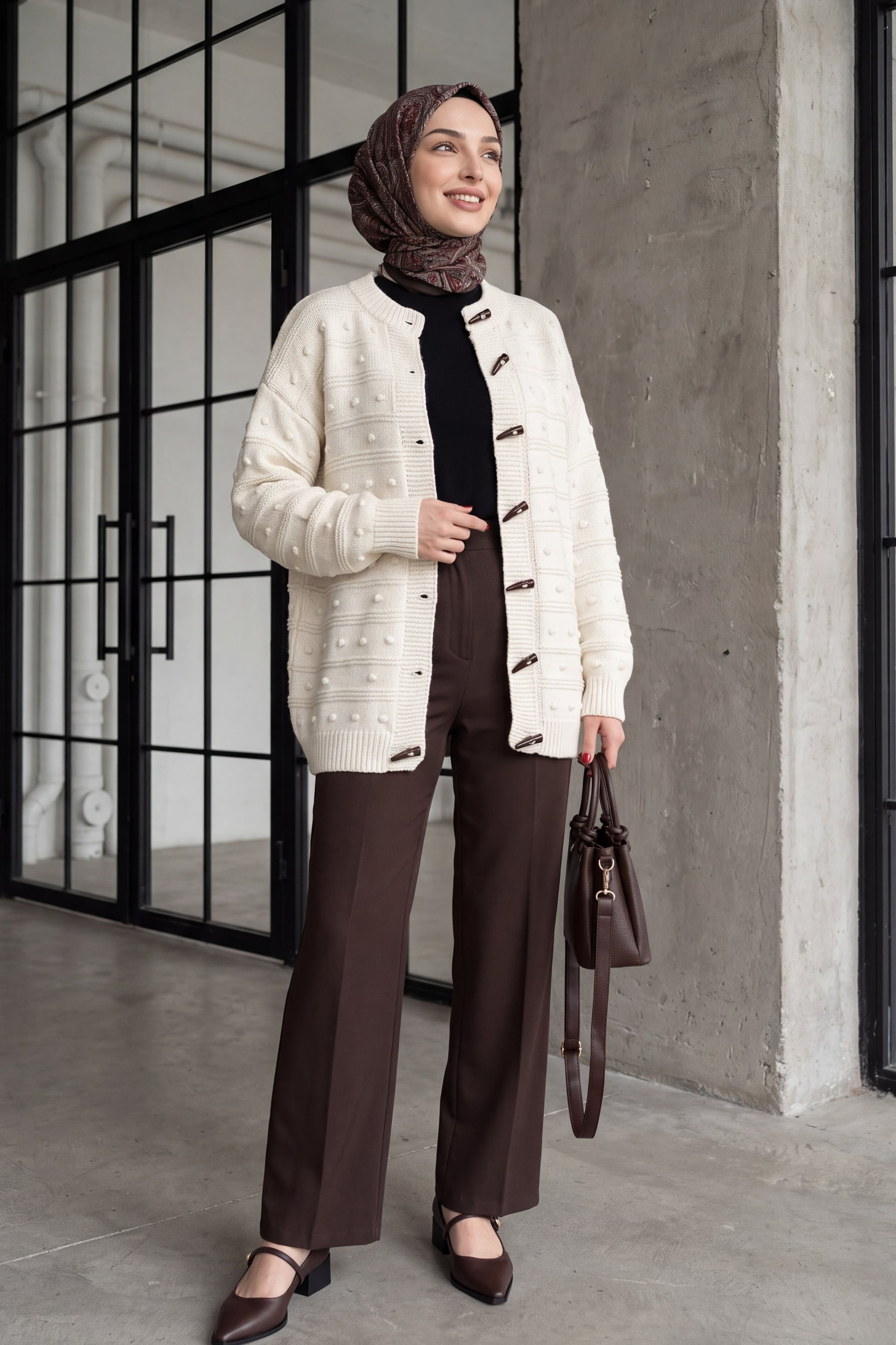 Ivory Button Pom-Pom Detail Relaxed Knit Cardigan - Ecru - Podyumplus - by Peralane - photo 5