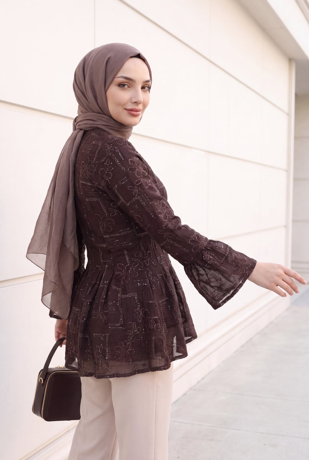 Dark Purple High Neck Button Front Lined Frilled Poliviscose Tunic - Podyumplus - by Peralane - photo 10