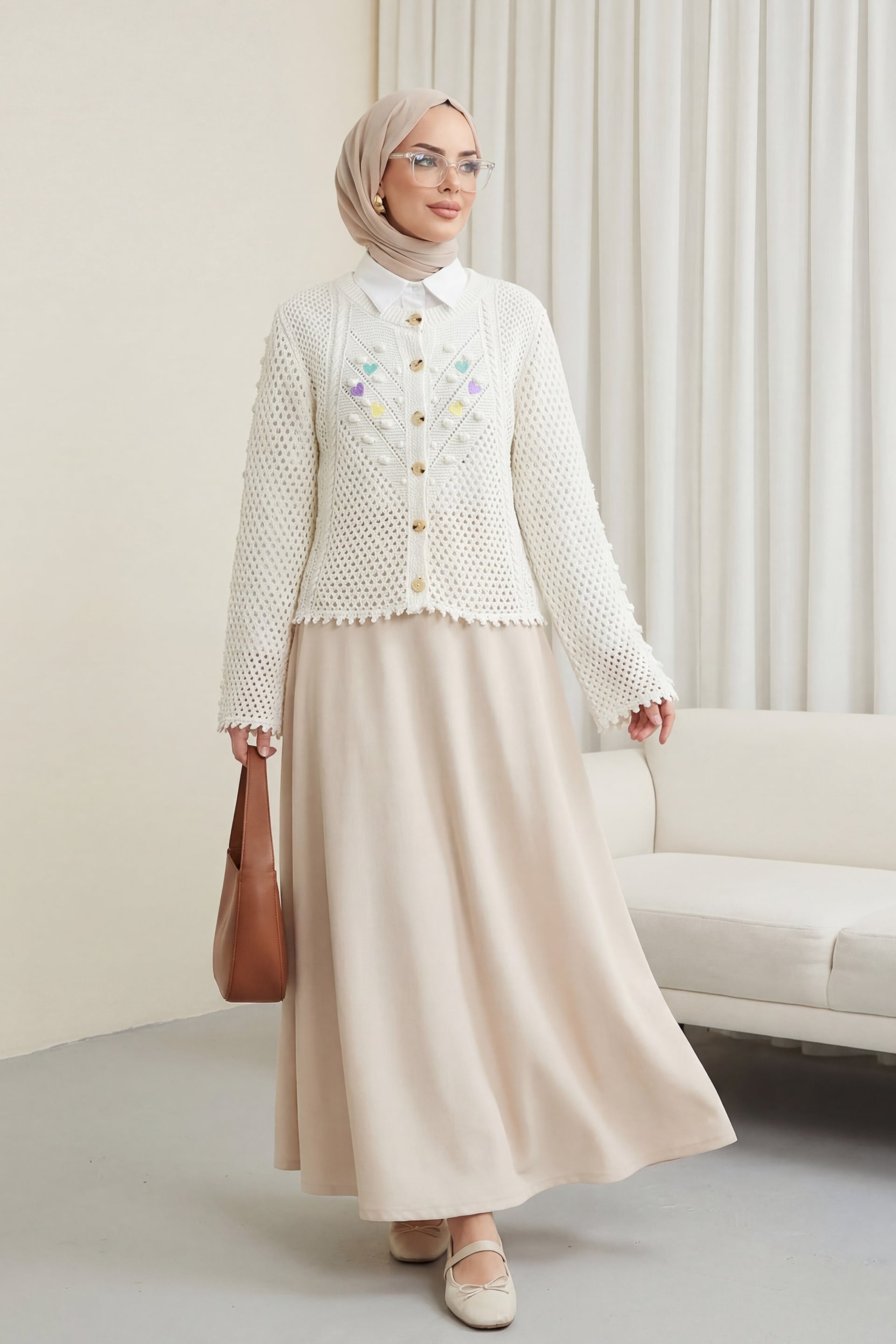Cream Knit Cardigan with Heart Embroidery and Pompoms - Podyumplus - by Peralane - photo 4