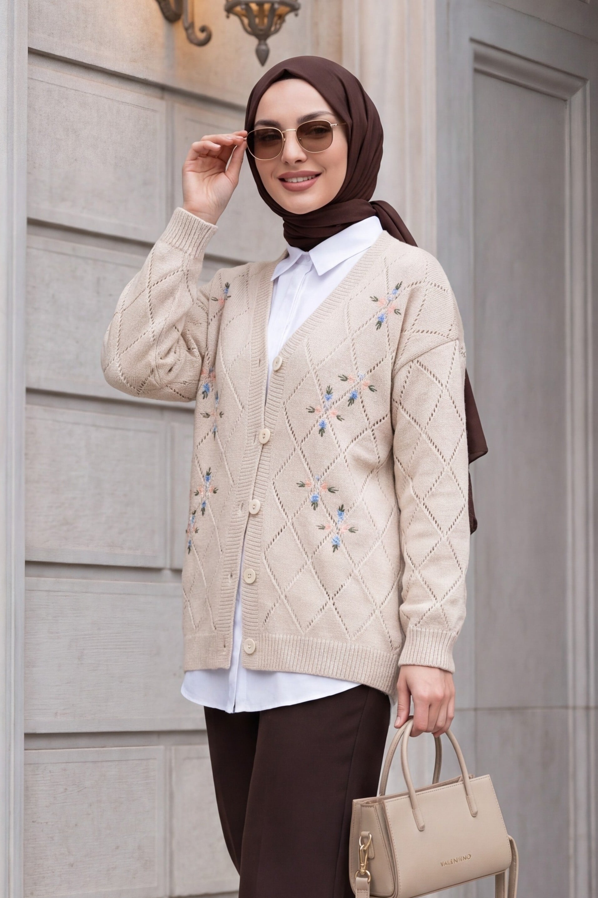 Ajour Floral Embroidered Buttoned Knit Cardigan - Stone - Podyumplus - by Peralane - photo 2