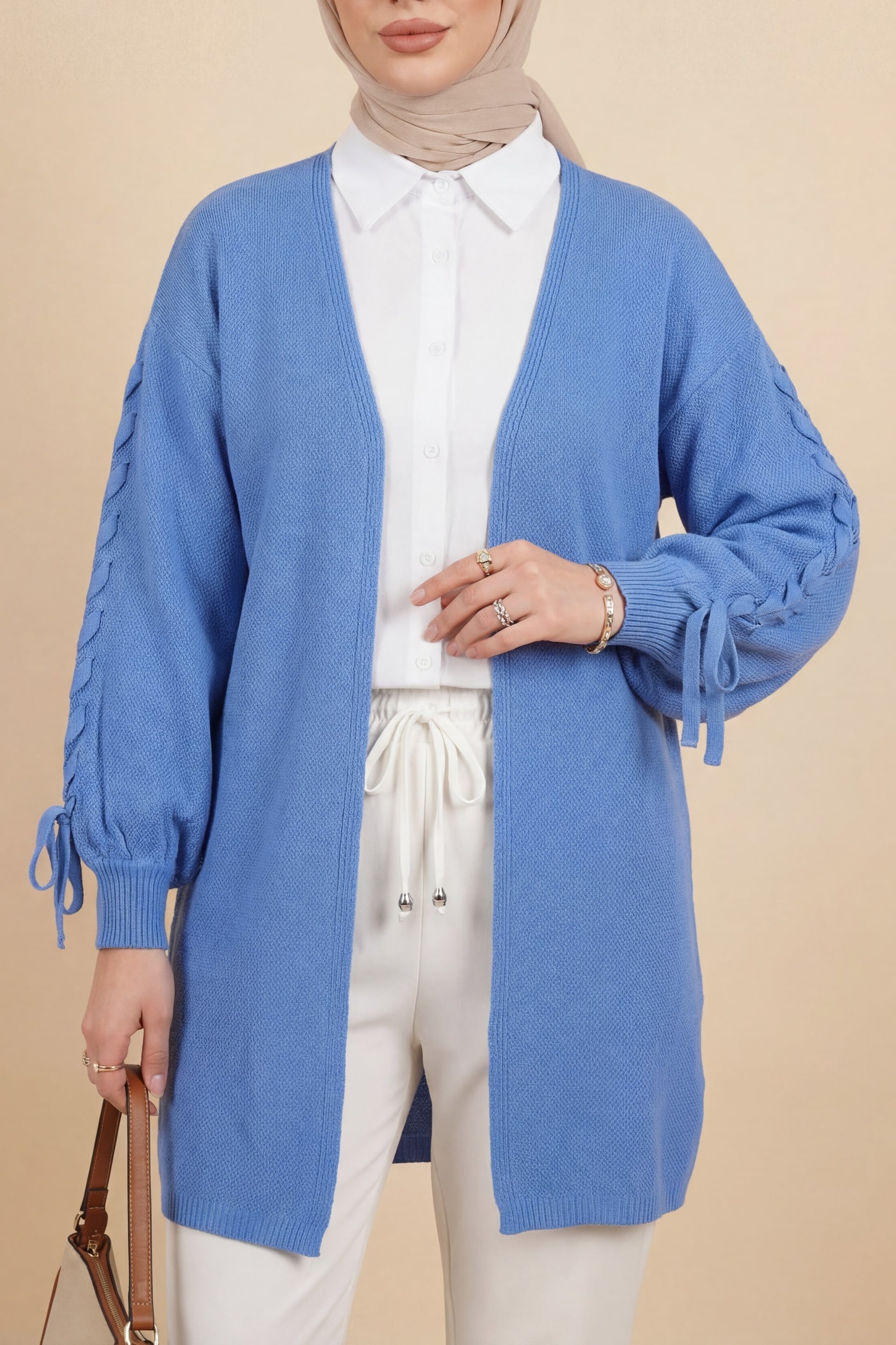 Blue Knit Cardigan with Braided Sleeve Detail - Podyumplus - by Peralane - photo 5