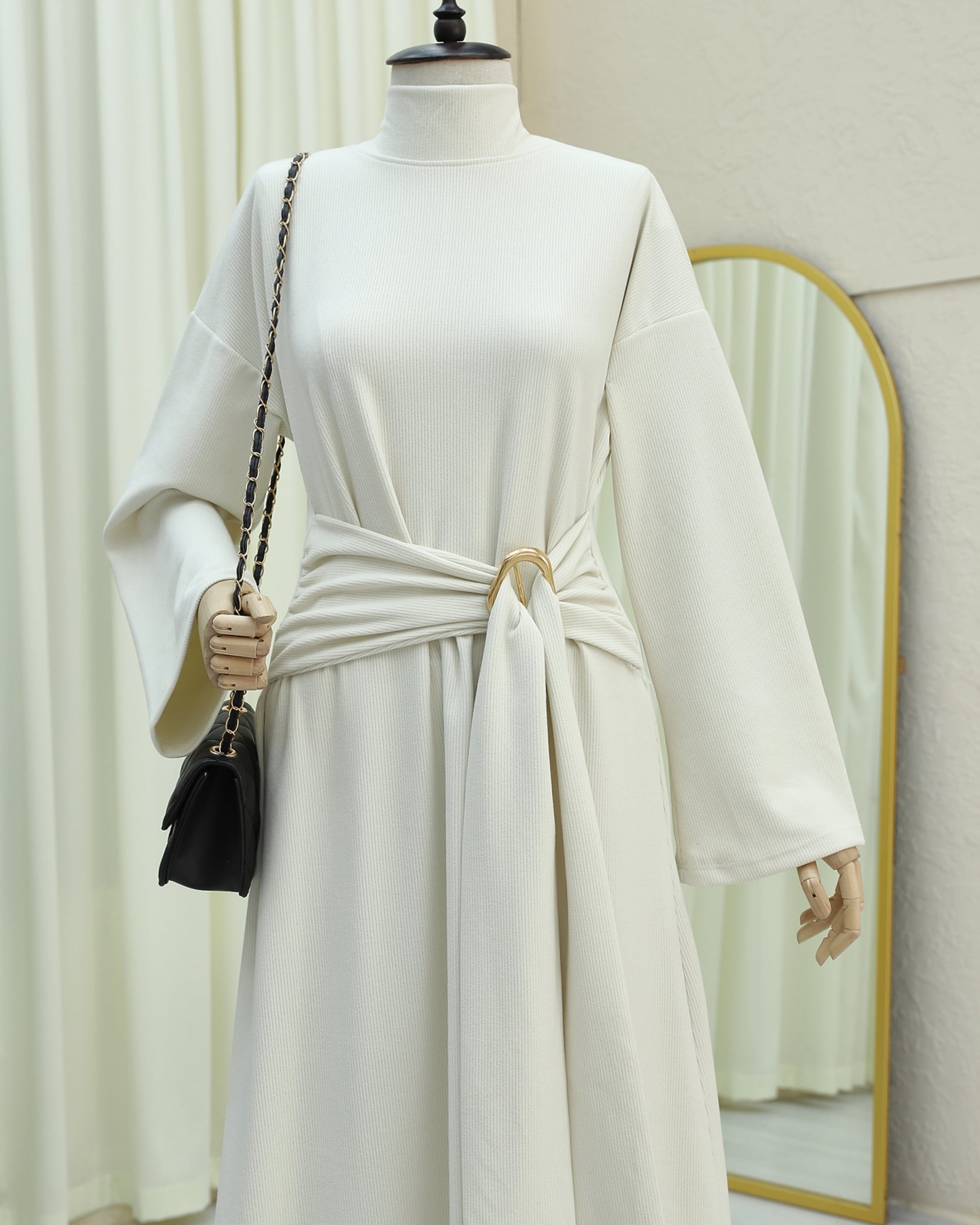 High Neck Long Selanik Dress with Belt and Ring Detail - Cream - Podyumplus - by Peralane - photo 4