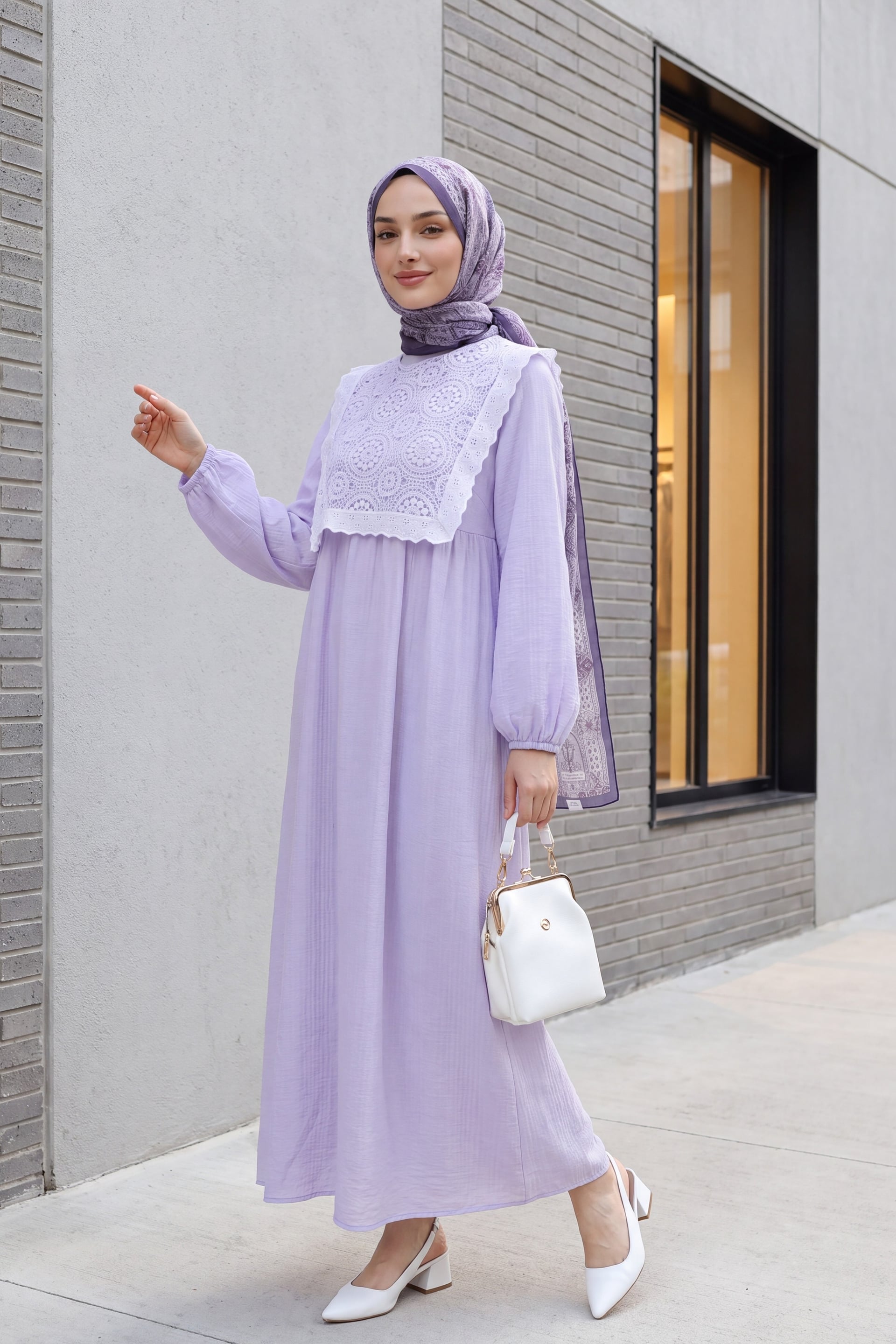 Removable Lace Vest Long Flowing Dress with Elastic Cuffs - Lilac - Podyumplus - by Peralane - photo 6