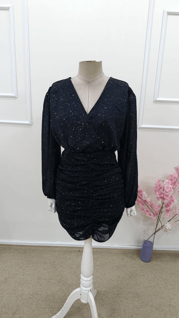 Women's Long-Sleeved V-Neck Shirred Mini Dress with Glitter Print - Janes - by Peralane - photo 5