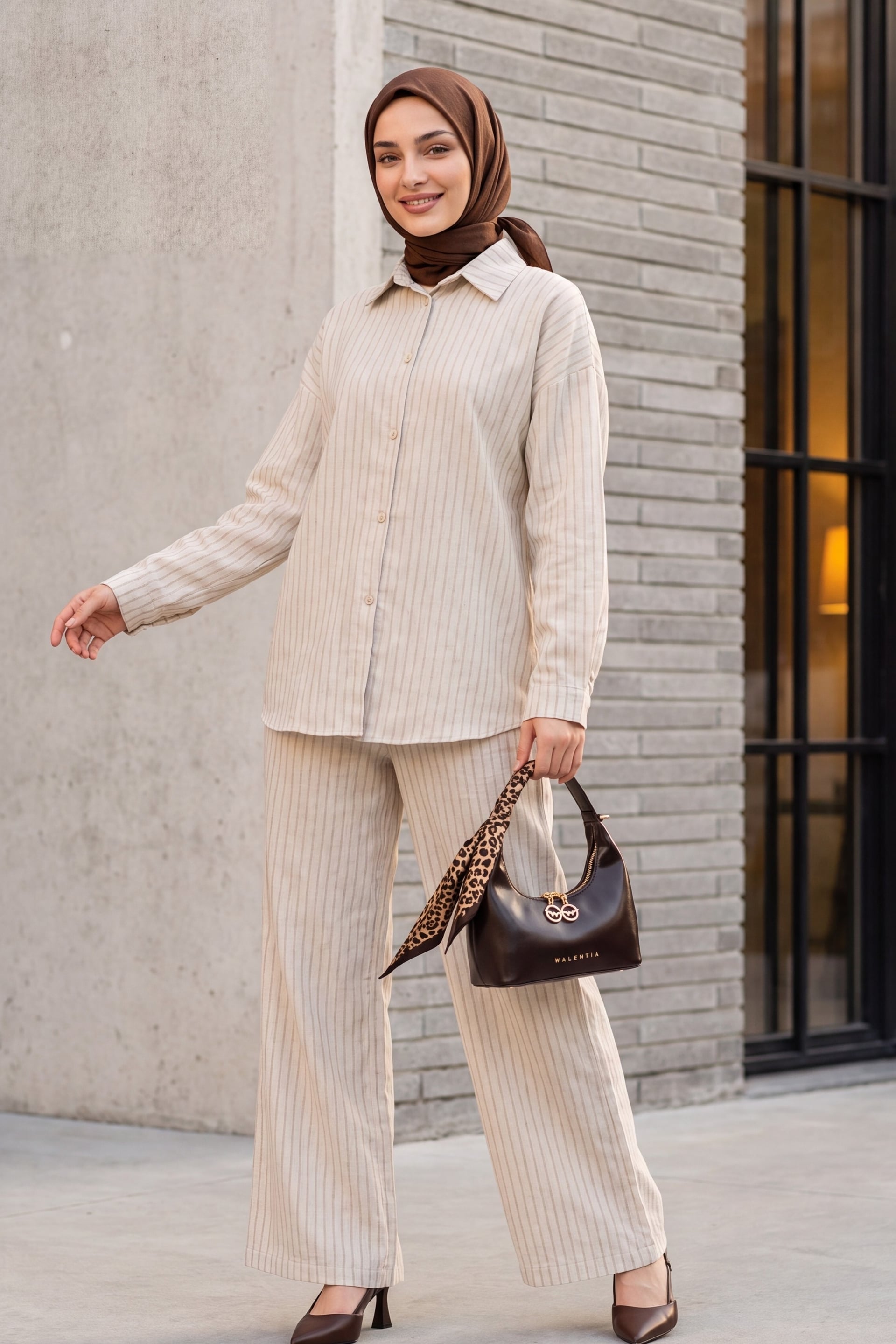 Striped Buttoned Linen Two-Piece Set with Trousers - Stone - Podyumplus - by Peralane - photo 4