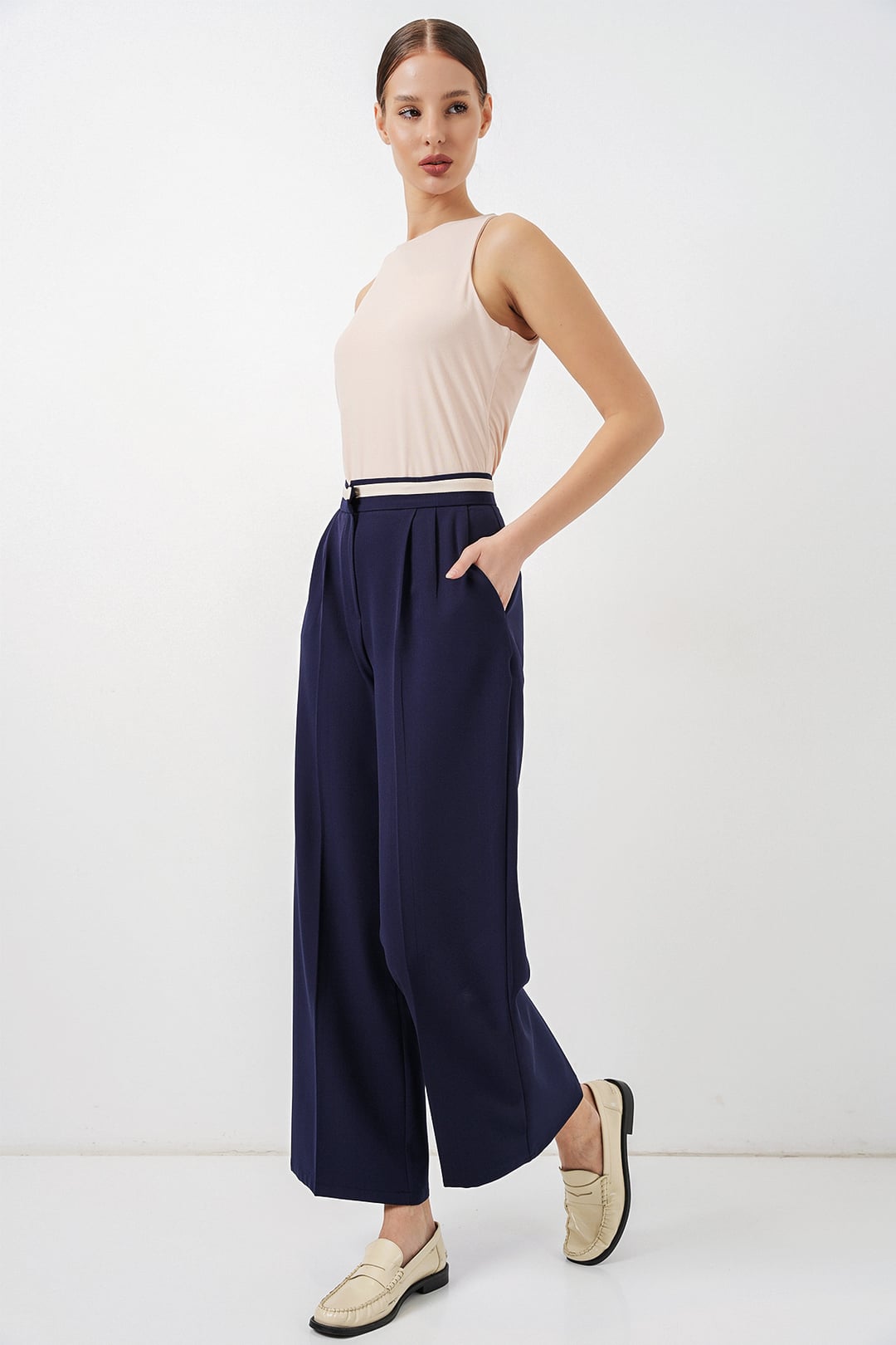 Women's Navy Blue Wide-Leg Woven Trousers with Striped Waistband 30088 - Bigdart - by Peralane - photo 2