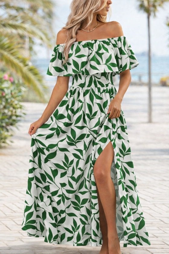 Women's Off-Shoulder Maxi Dress with Leaf Print and Smocked Waistband - Janes - by Peralane - photo 3