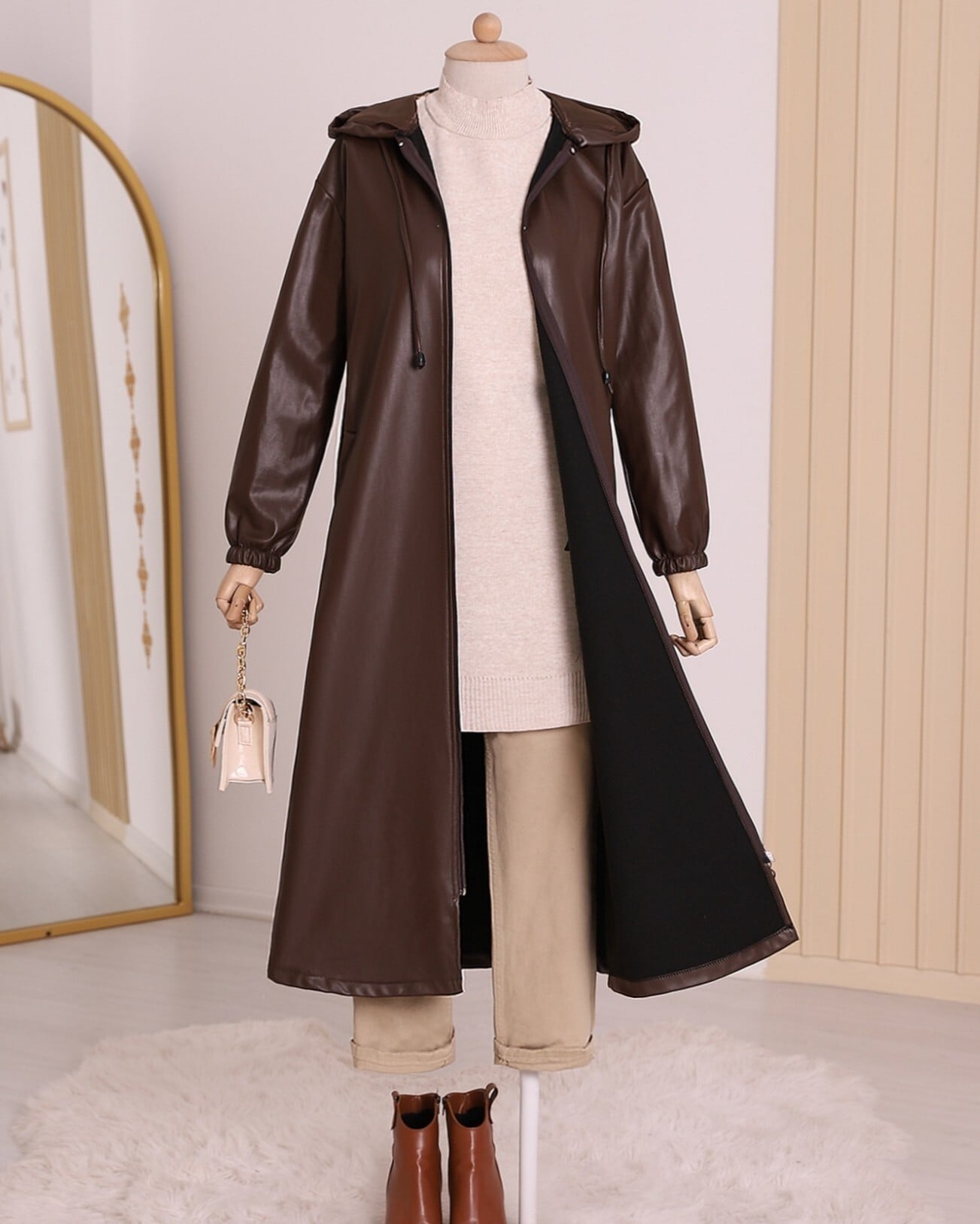 Hooded Zip-Up Faux Leather Coat in Brown - Podyumplus - by Peralane - photo 4