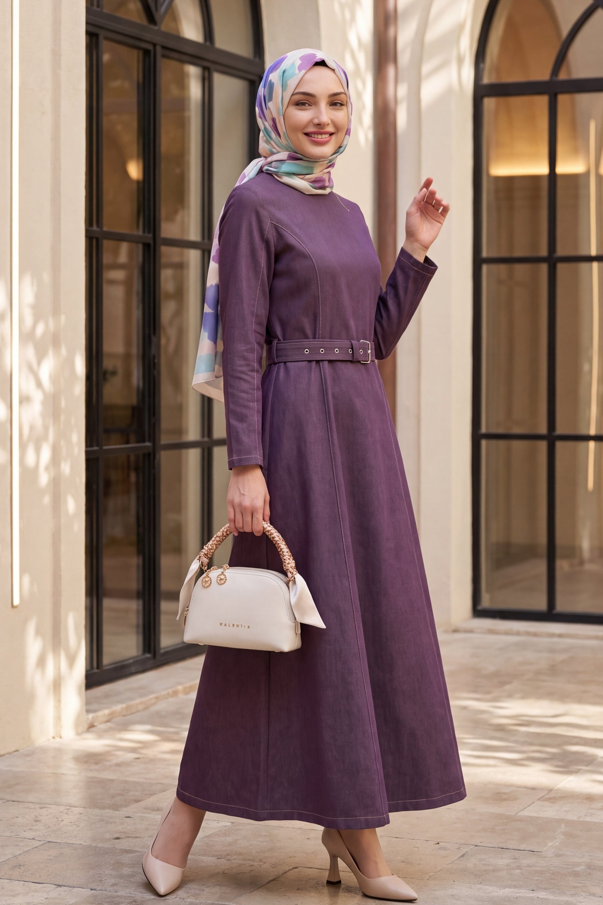Flared Skirt Zip Belted Denim Dress - Plum - Podyumplus - by Peralane - photo 3
