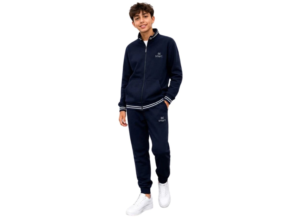 Boys' Navy Blue 'Be Smart' Printed Zip-Up Tracksuit Set - Koska - by Peralane