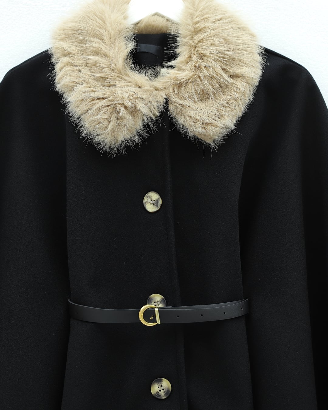 Black Faux Fur Collar Belted Button Cape Coat - Podyumplus - by Peralane - photo 2