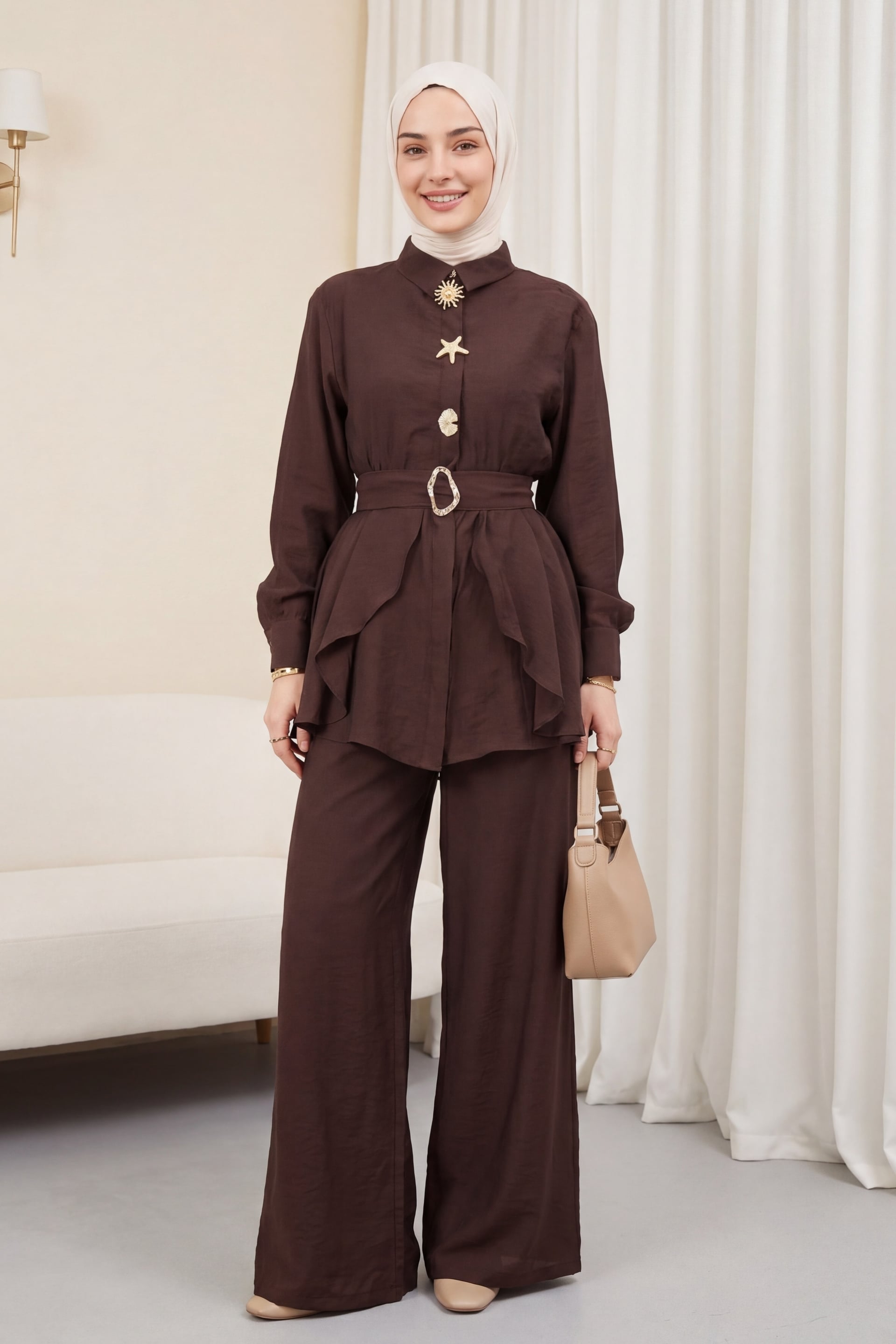 Lined Cupra Two-Piece Set with Elastic Waist Belt and Pocketed Trousers - Dark Brown - Podyumplus - by Peralane - photo 5
