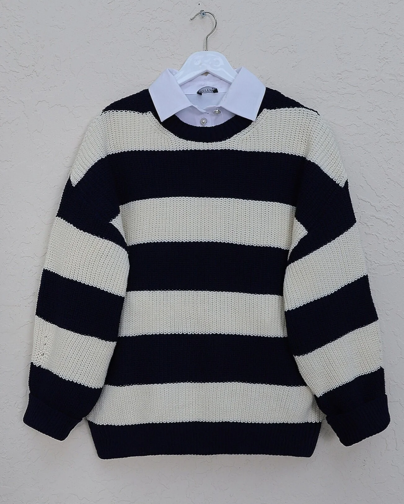 Navy Blue Striped Knit Sweater and Skirt Set - Podyumplus - by Peralane - photo 2