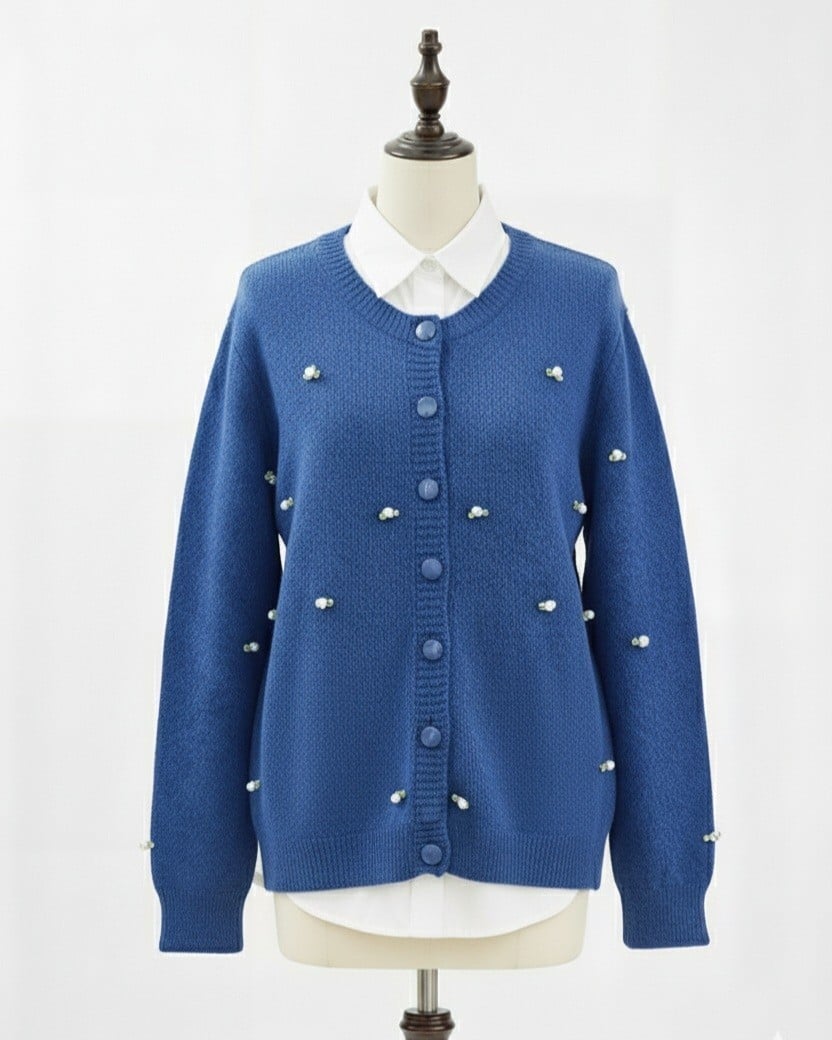 Buttoned Floral Detail Soft Cardigan - Blue - Podyumplus - by Peralane - photo 4
