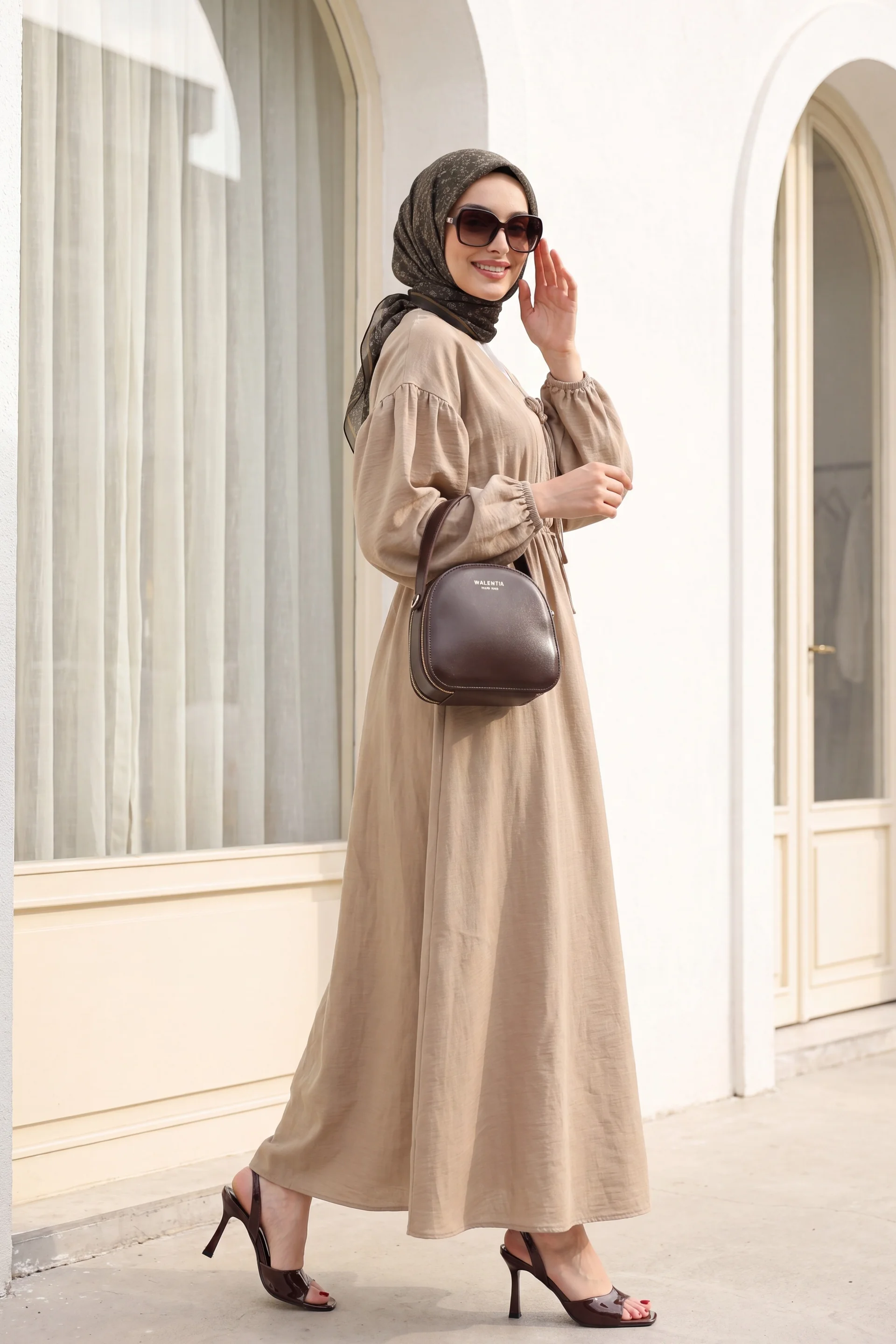 V-Neck Tie-Front Long Muslin Dress with Elasticated Waist and Balloon Sleeves - Beige - Podyumplus - by Peralane - photo 6