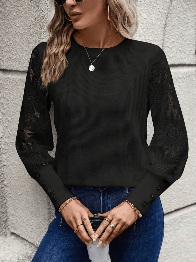 Women's Black Long Sleeve Crew Neck Waffle Blouse with Floral Lace Sleeves - Janes - by Peralane - photo 13