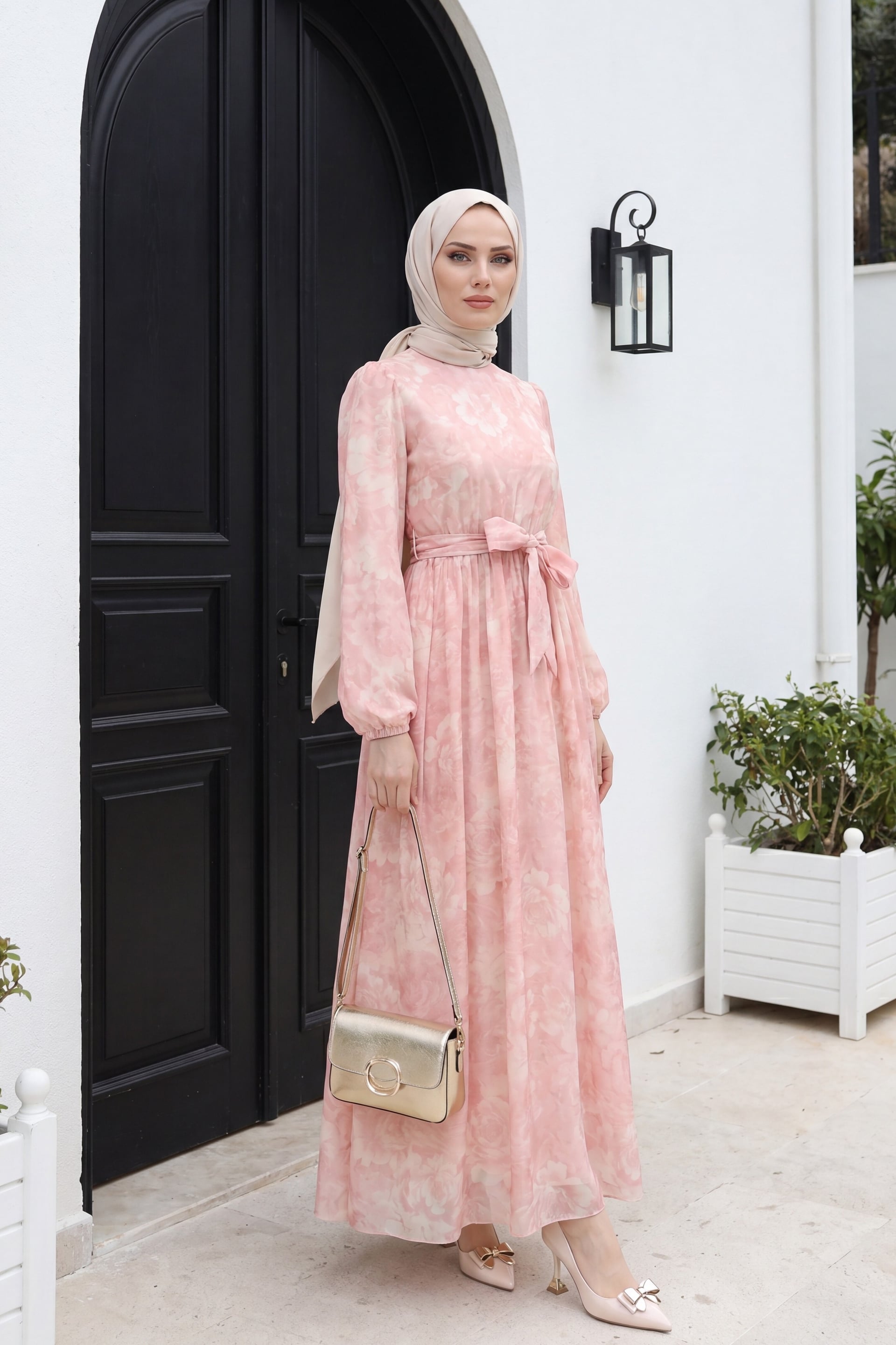 Pink Belted Balloon Sleeve Lined Tulle Voile Maxi Dress - Podyumplus - by Peralane