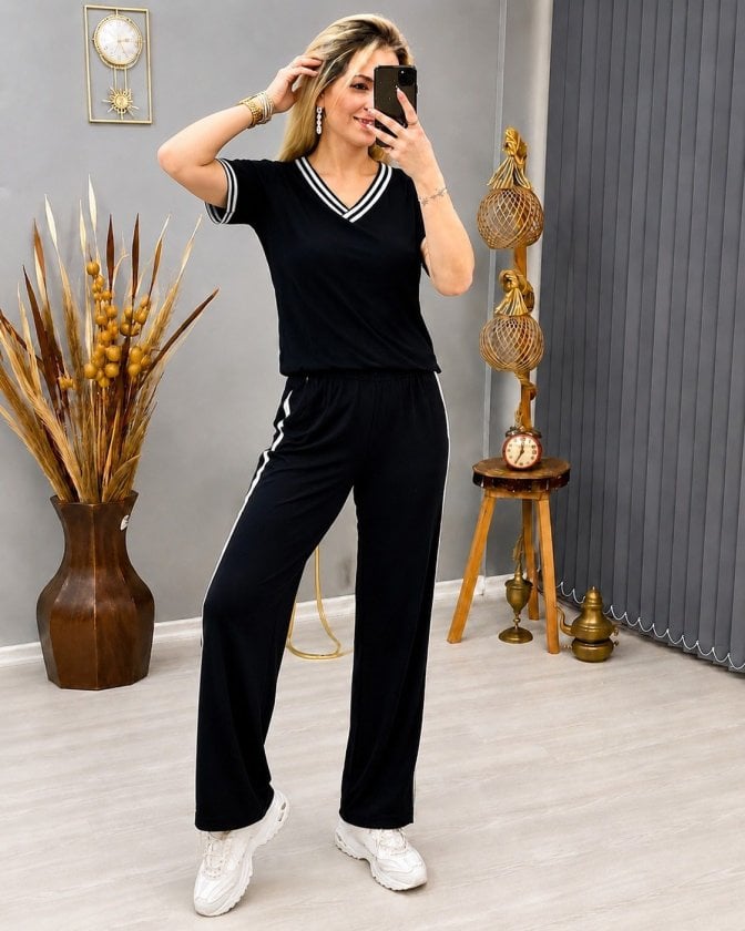 Women's Short Sleeve V-Neck Viscose Two-Thread Blouse and Trousers Two-Piece Set - Janes - by Peralane - photo 2